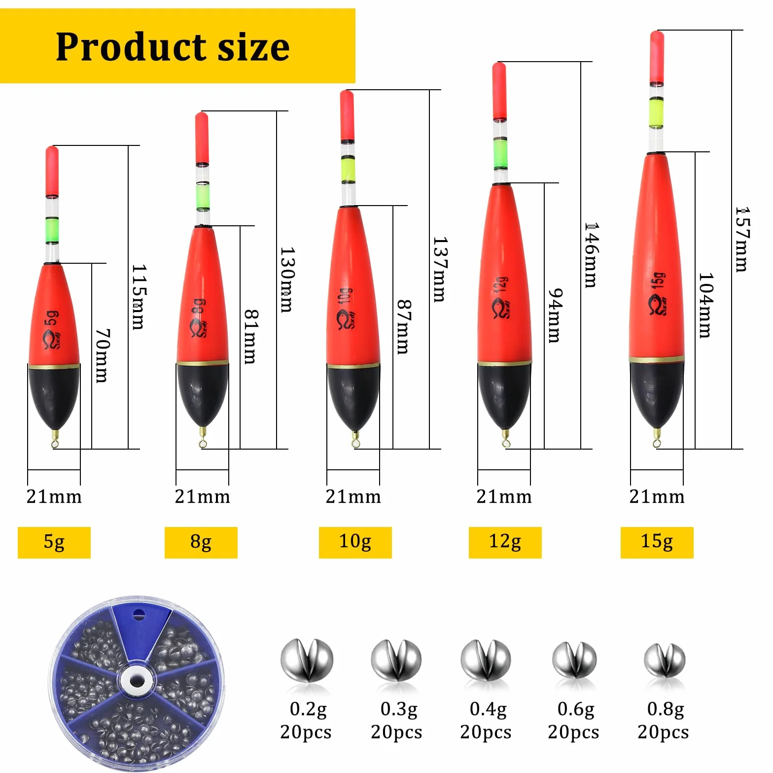 OMJMYY 5 Unidades de flotadores de Pesca Luminosos 5 g/8 g/10 g/12 g/15 g portátil Pesca flotadores Accesorios de Pesca Set de Espuma EVA para Lucio Perca Carpa Diferentes Especies de Peces Grandes