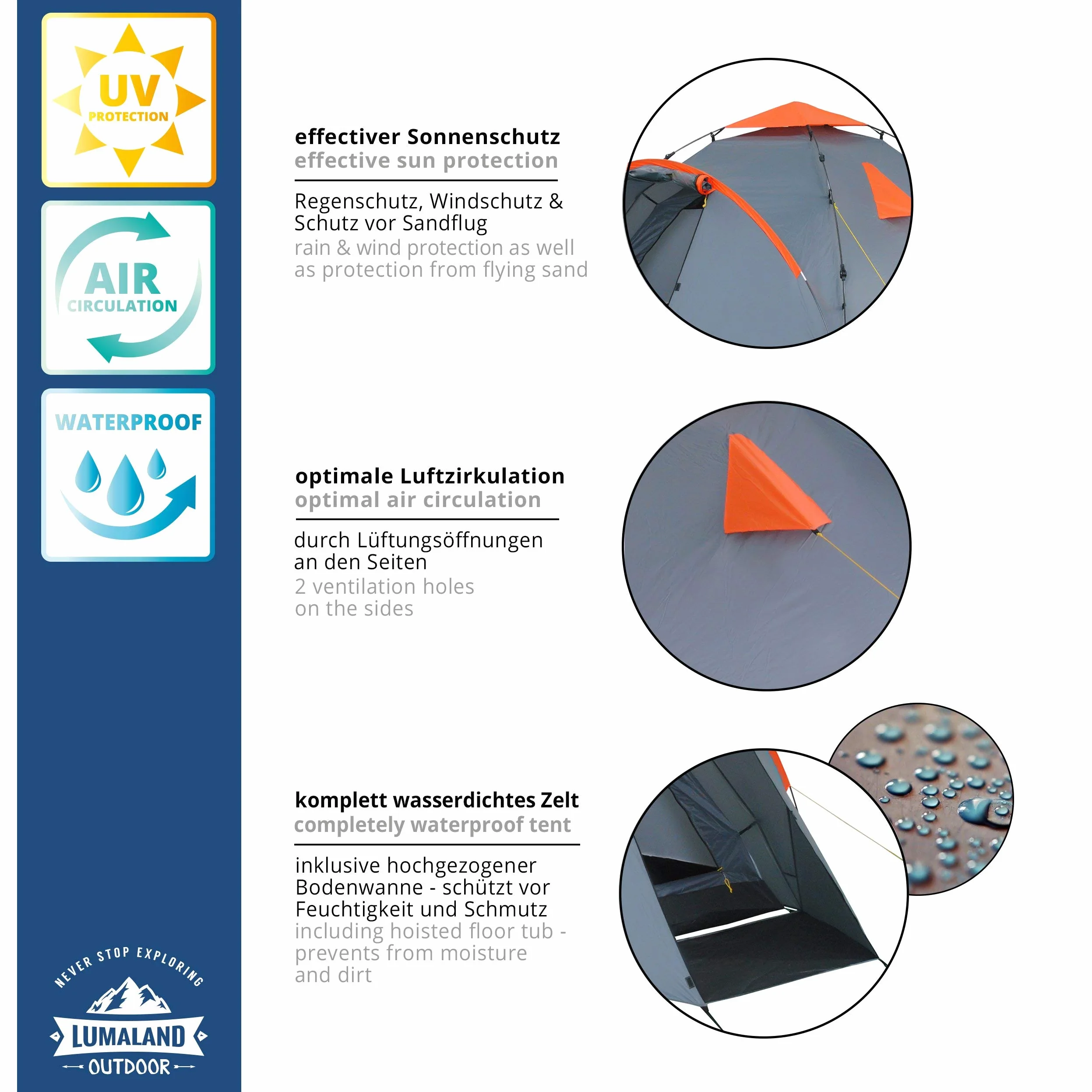 Lumaland Where Tomorrow Pop Up Tienda Inflable | Tienda Familiar 3-4 Personas | 210x210x120 cm | Impermeable y Resistente al Viento | Camping, Festival, Viajes, Playa | Ultraligera y Resistente