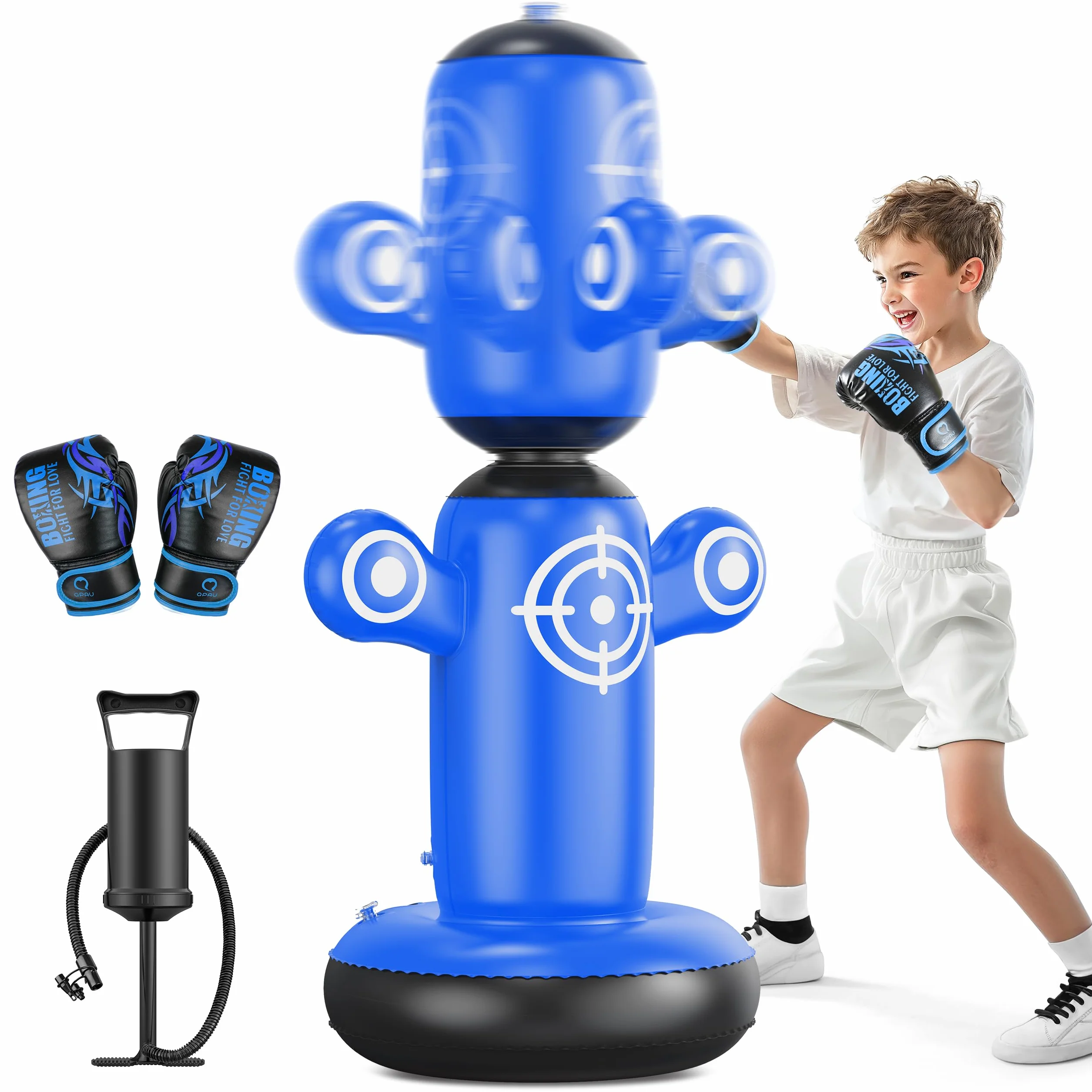 Saco de boxeo giratorio de 360° para niños, bolsa de 64 pulgadas con guantes, bomba y 6 objetivos, inflable