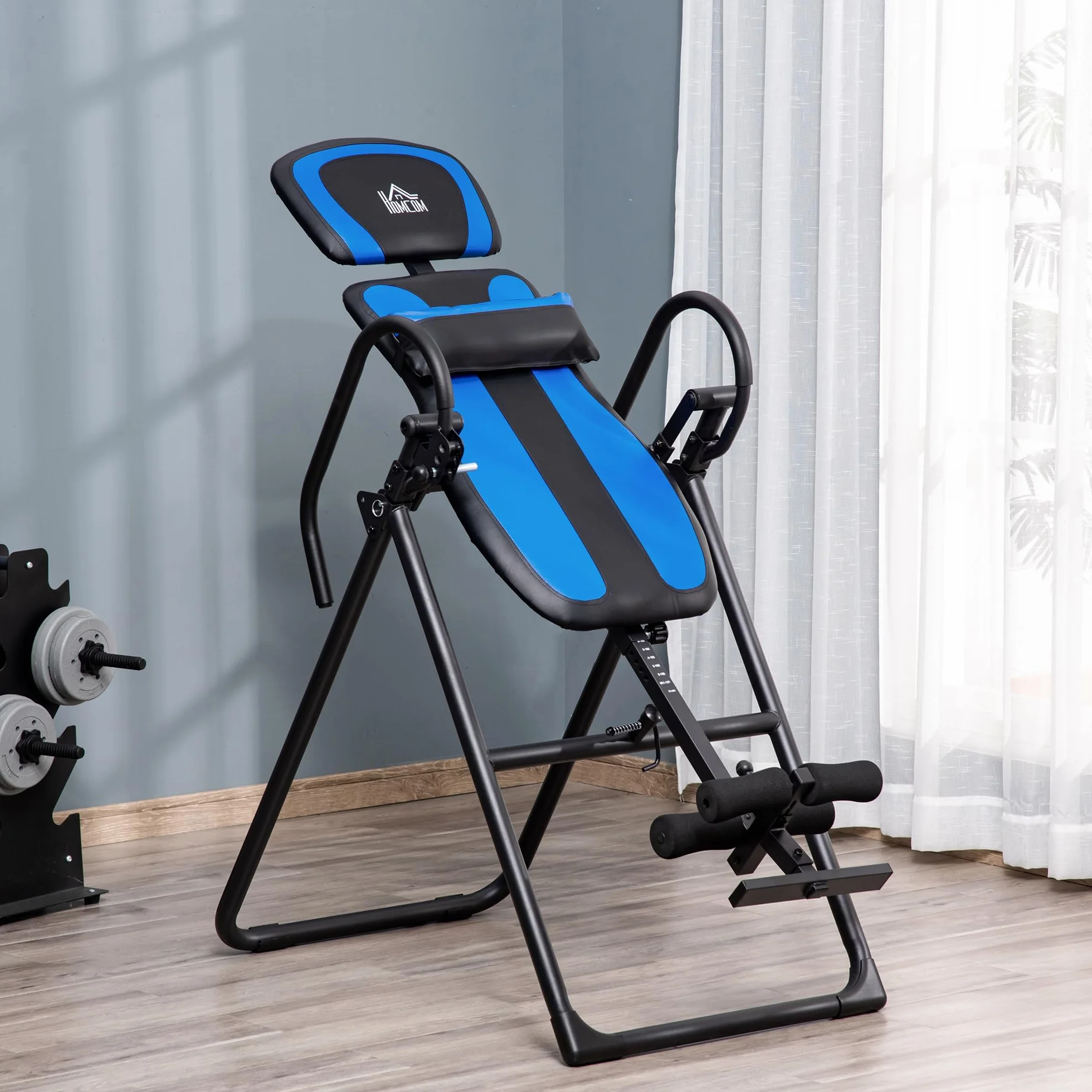 HOMCOM Tabla de Inversión Plegable con Ruedas, Altura Ajustable 140-203 cm, Banco de Inversión con Cinturón de Seguridad y Soporte de Lumbar, para Aliviar Espalda y Mejorar la Circulación