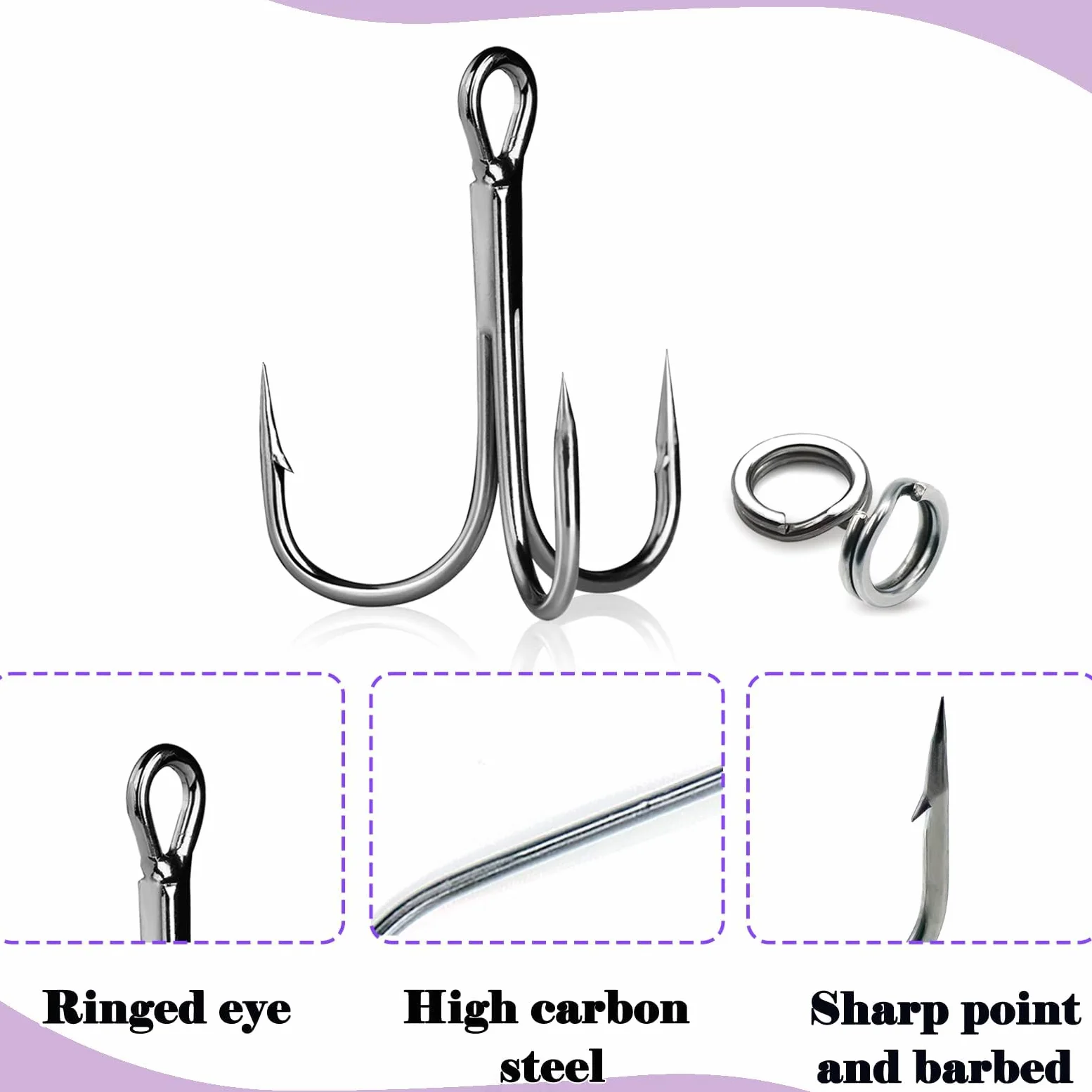 Kit de anzuelos agudos de pesca, acero de alto carbono, 50 unidades, anzuelos agudos mixtos, tamaño 2/4/6/8/10 | anzuelos afilados para pesca en agua salada y agua dulce | Ganchos de pesca duraderos