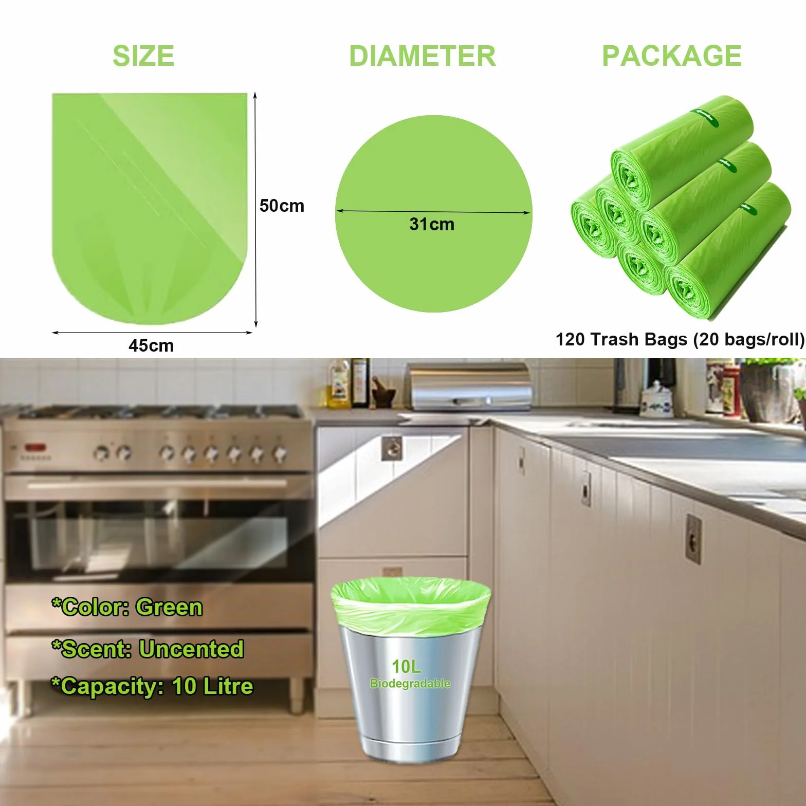 KITBEST Bolsas de Basura Biodegradable 10L 120 Unidades Compostables 45x50 cm Verde
