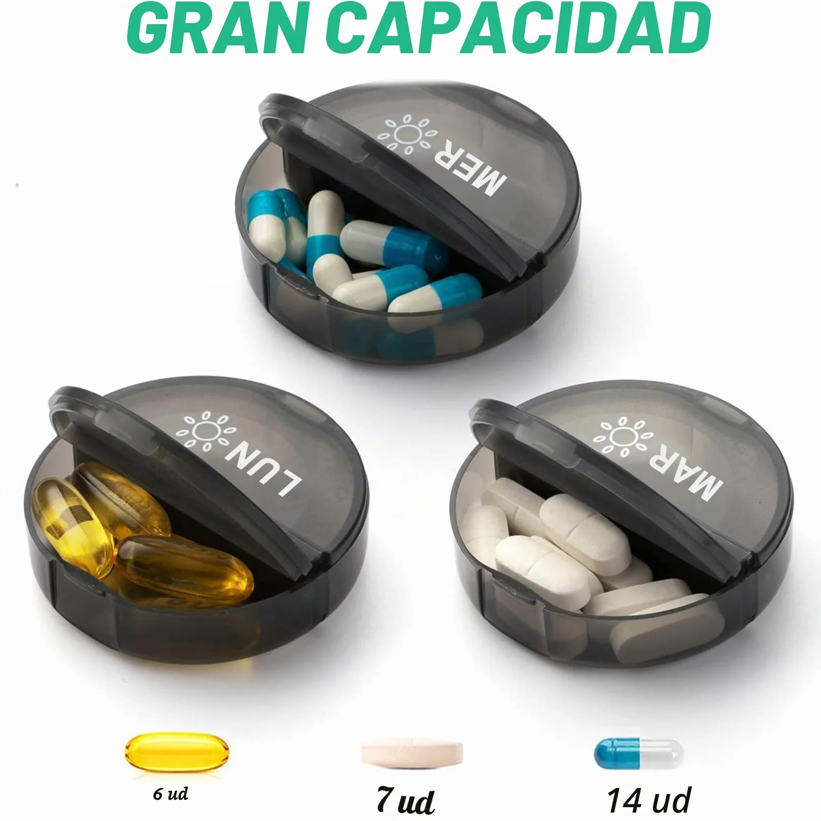 Pastillero Semanal 2 Tomas 7 Dias XL Grande 14 Compartimentos Viaje Organizador Vitaminas Negro