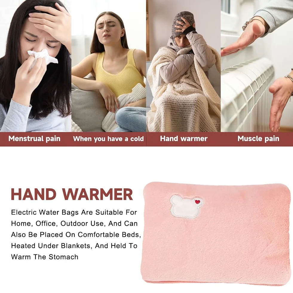 Bolsa de Agua Térmica Recargable Eléctrica, Forro de Felpa Suave, Calentador de Manos y Pies, Rosa