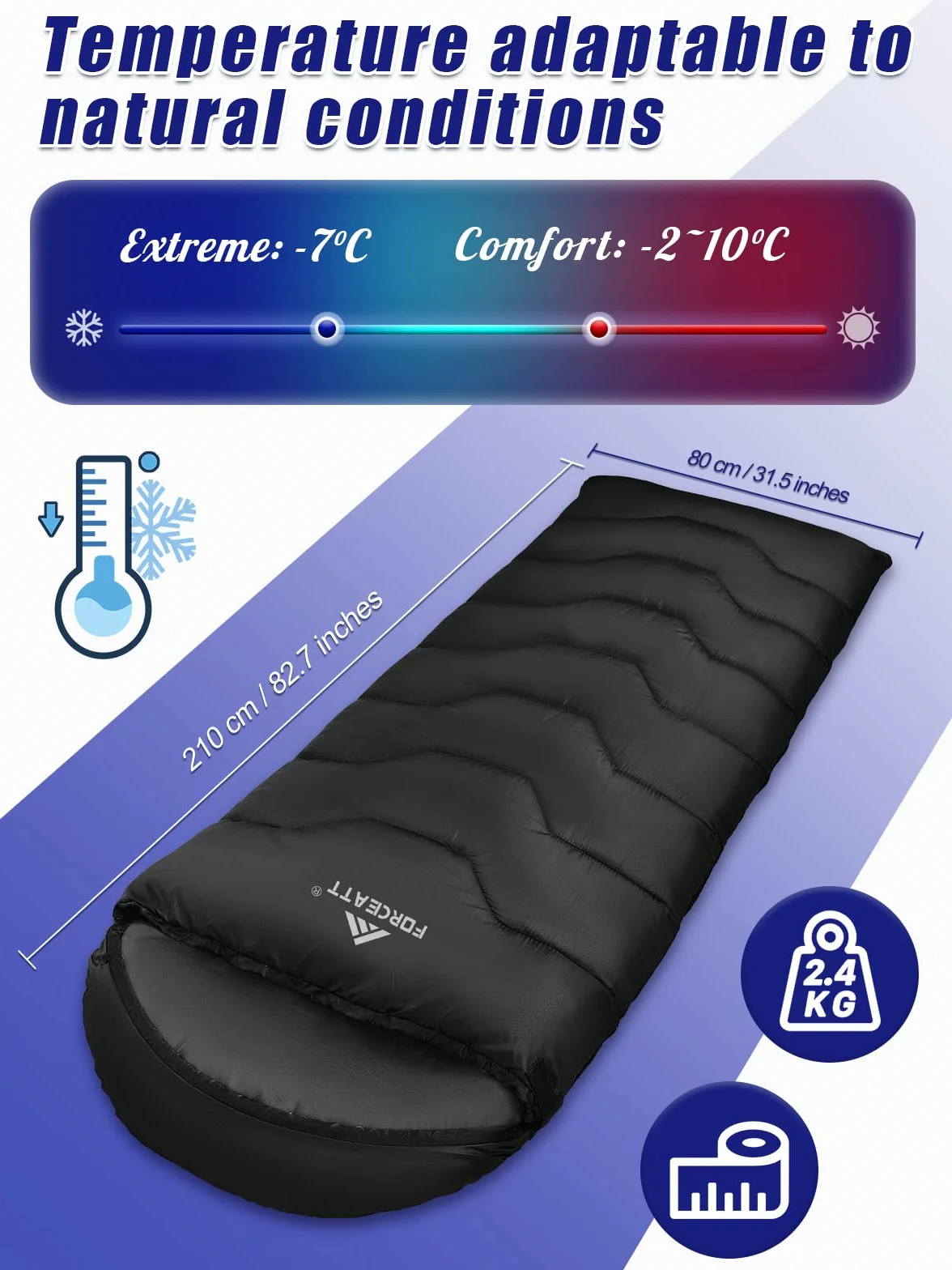 Forceatt Saco de Dormir para Adultos (210x80CM) -7~20°C Saco de Dormir Compacto 4 Estaciones, Saco de Dormir Invierno a Prueba de Agua y Desgarros,Lgrande para Camping y Senderismo.