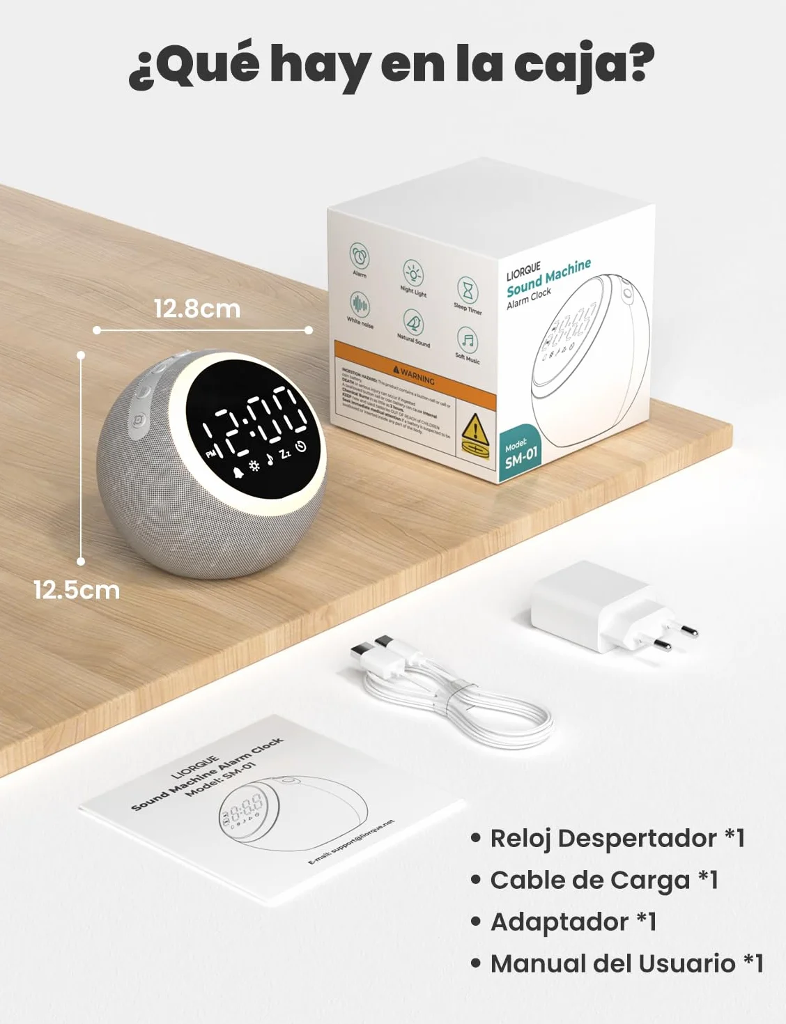 LIORQUE Despertador Luz con Ruido Blanco, 25 Sonidos Calmantes, Volumen Ajustable, Luz Nocturna, Temporizador