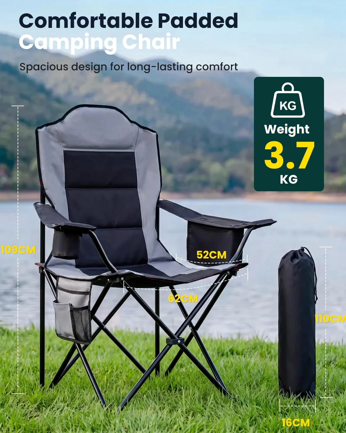 YEAUPE PRO Silla de Camping Plegable y Acolchada,Respaldo Alto,hasta 150 kg | Sillas de Pesca Extra Cómoda, con Bolsa Térmica, Portavasos y Bolsa de Transporte, para Camping, Playa, Festivales