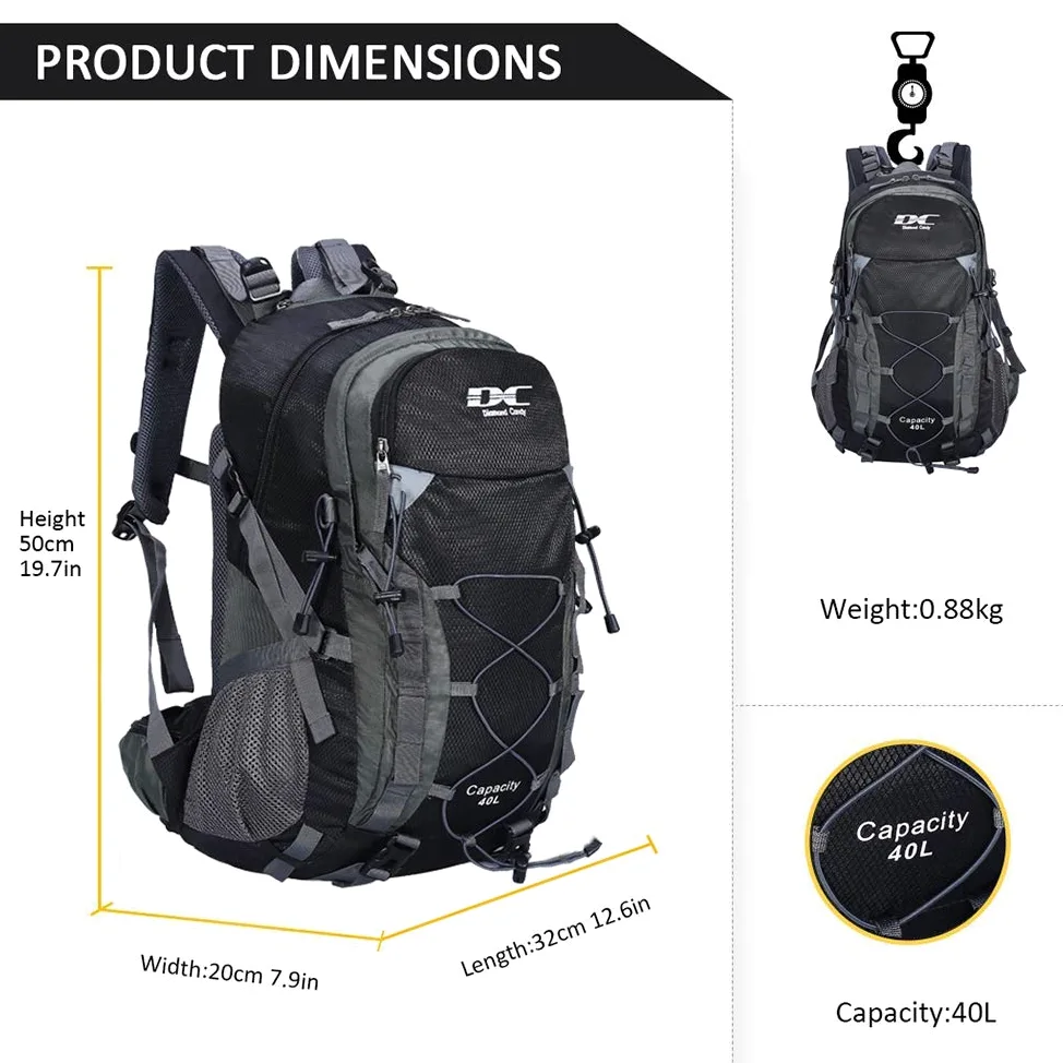 Mochila ultraligera, impermeable, ideal para senderismo, escalada, actividades en exteriores, viaje a bicicleta, montar a caballo y viajar, capacidad: 40 l, diseño Diamond Candy, color negro, tamaño Talla única | Gran capacidad, camping y viajes, parte tr