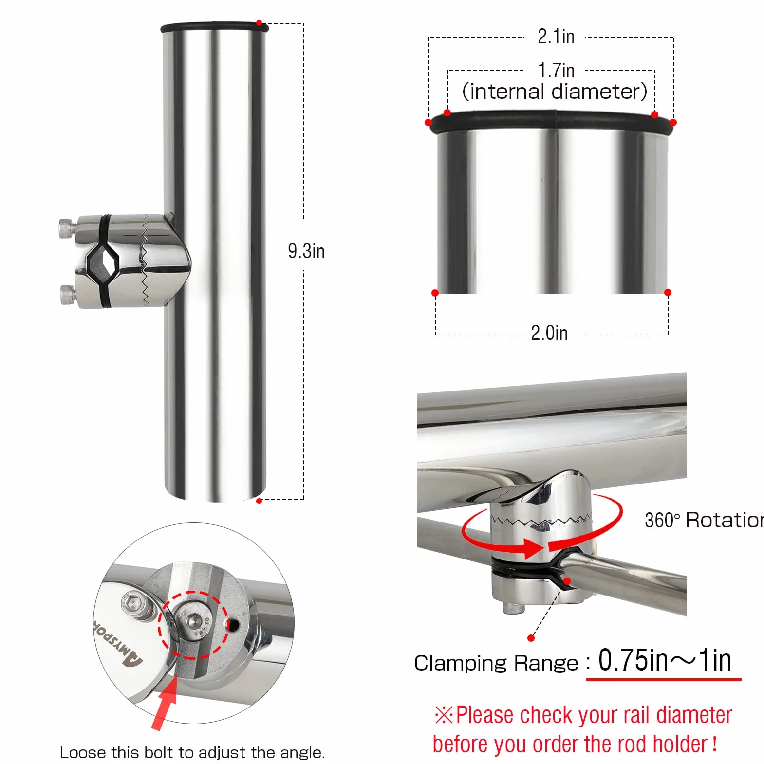 AMYSPORTS Soporte Cañas de Pescar Inoxidable para Barco Rieles 3/4" a 1" 19 mm a 25 mm