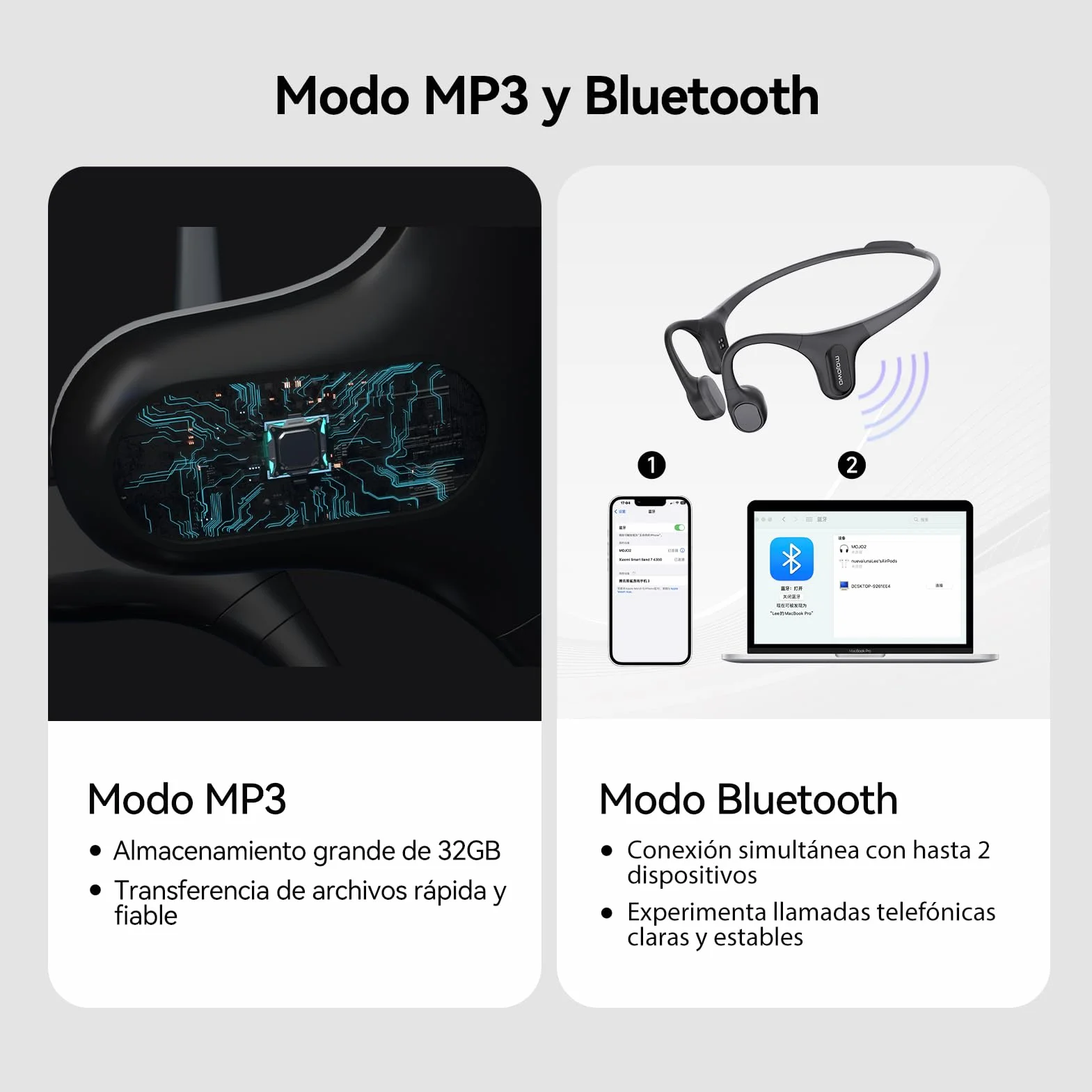Mojawa Run Plus Auriculares de Conducción Ósea, Diseño Abierto, Bluetooth 5.2, MP3 32GB, IP68 Impermeables, Micrófono ENC, para Natación, Running, Ciclismo, Senderismo, Gimnasio y Uso Diario – Naranja