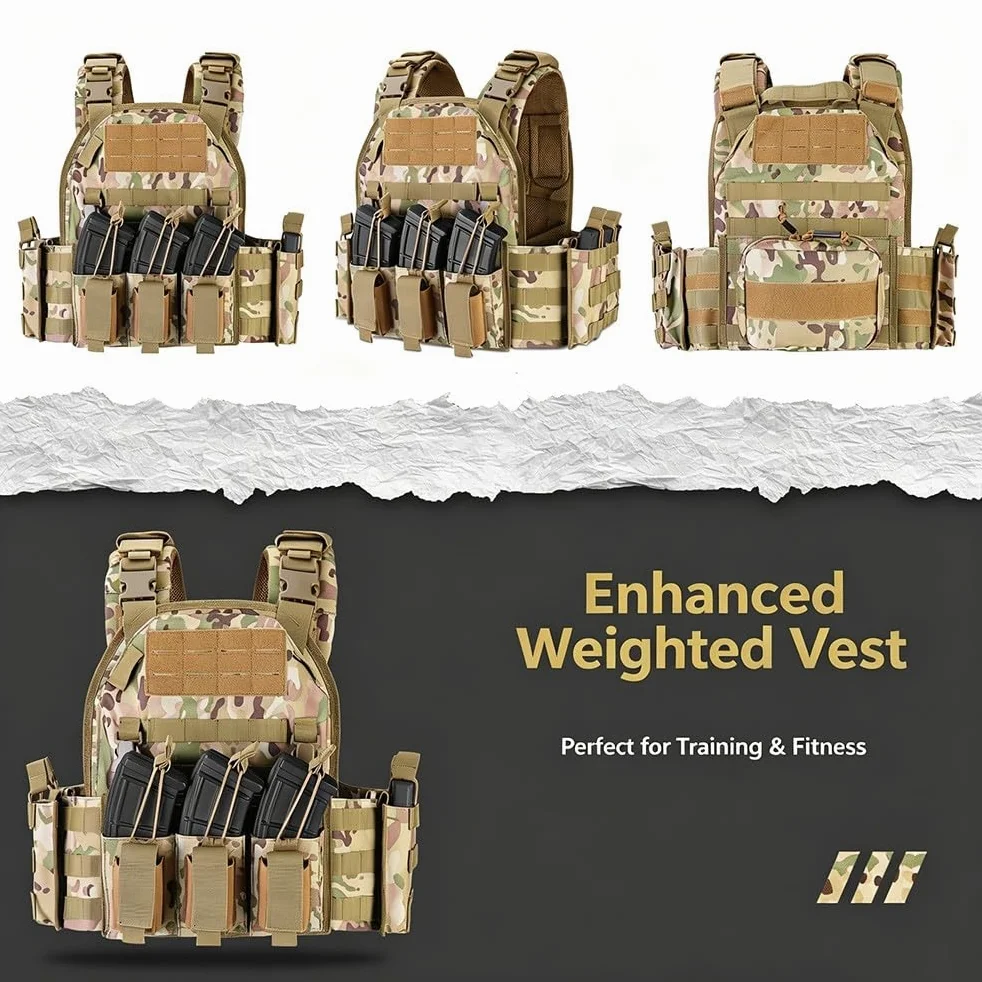 Chaleco Táctico Airsoft,Ajustable con Sistema MOLLE y Liberación Rápida, Chaleco Ligero y Transpirable con Bolsillos Modulares para Paintball Senderismo Caza Camping Outdoor