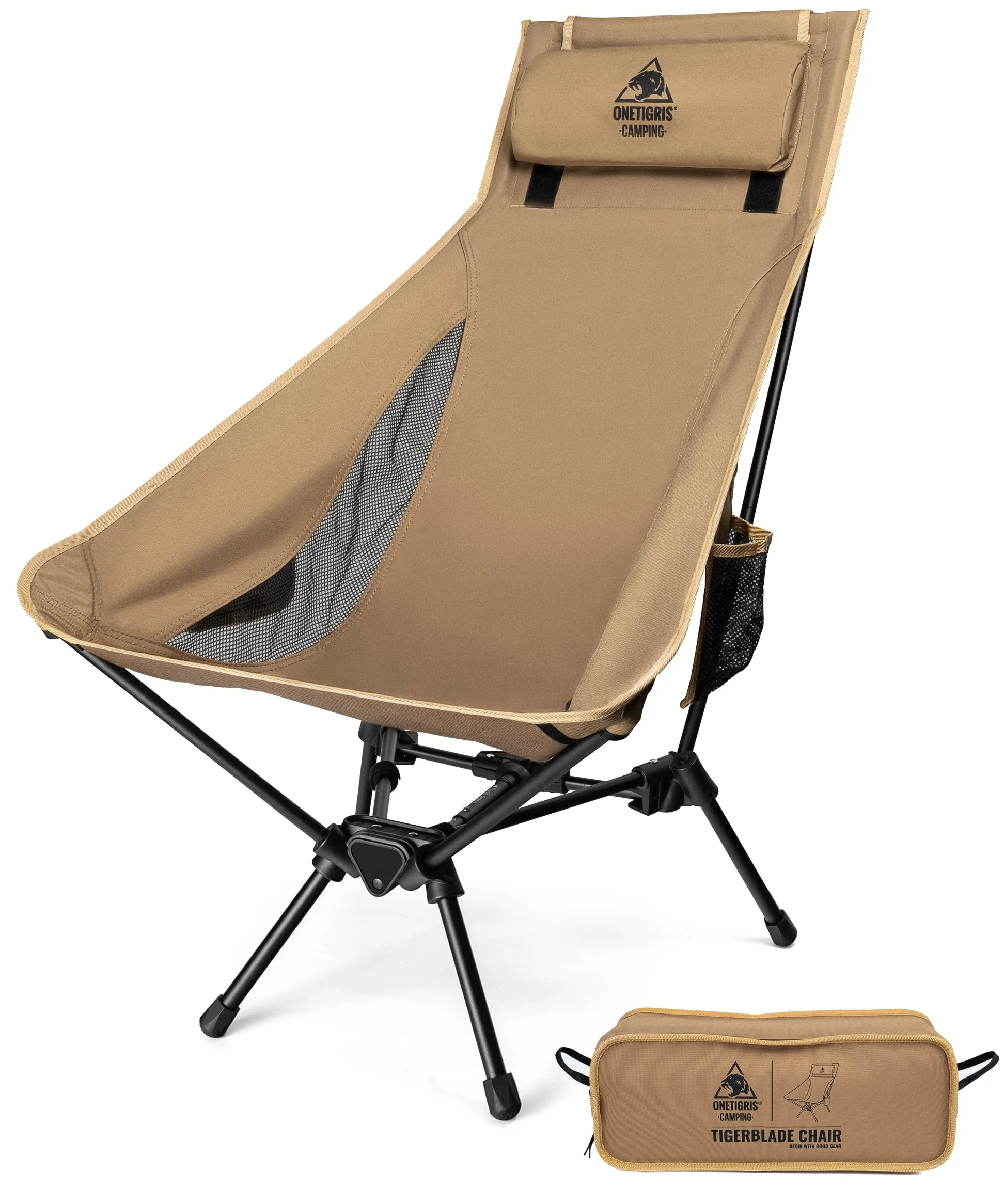 OneTigris TIGERBLADE Silla de Camping con Respaldo Alto, 170 kg, Ligera con Marco Triangular y 2 Bolsillos Laterales, Ultraligera