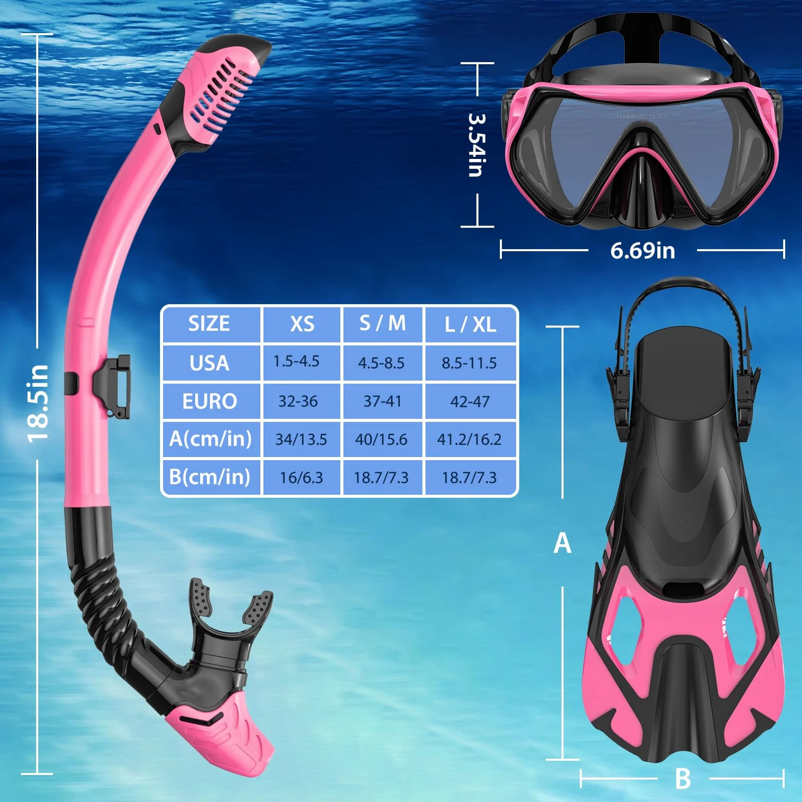 Equipo de esnórquel para adultos, juego de esnórquel de aleta de máscara, esnórquel de parte superior seca, kit de esnórquel, paquete de buceo de viaje, vista panorámica, antivaho, antifugas, rosa