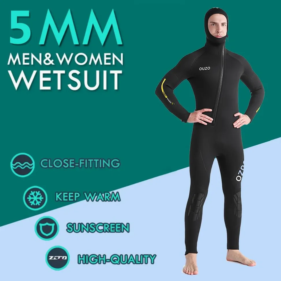 Traje De Neopreno De 5Mm para Mujeres Y Hombres, con Cremallera Frontal, Capucha Integrada, Ideal para Pesca Submarina, Snorkel, Surf, Piragüismo Y Buce