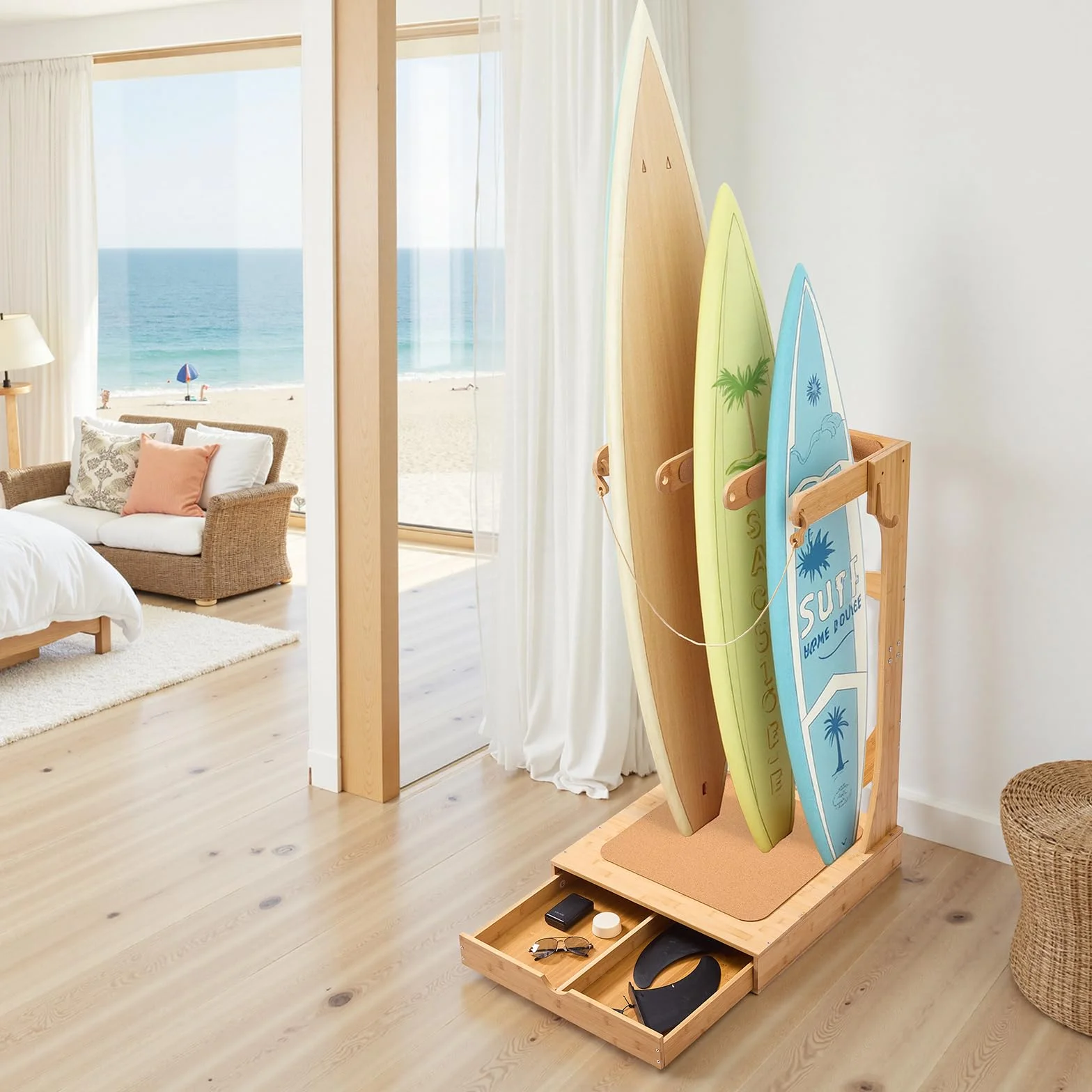 VEVOR Soporte Vertical para Tablas de Surf, Estante de Madera de 3 Niveles con Ganchos y Cajones