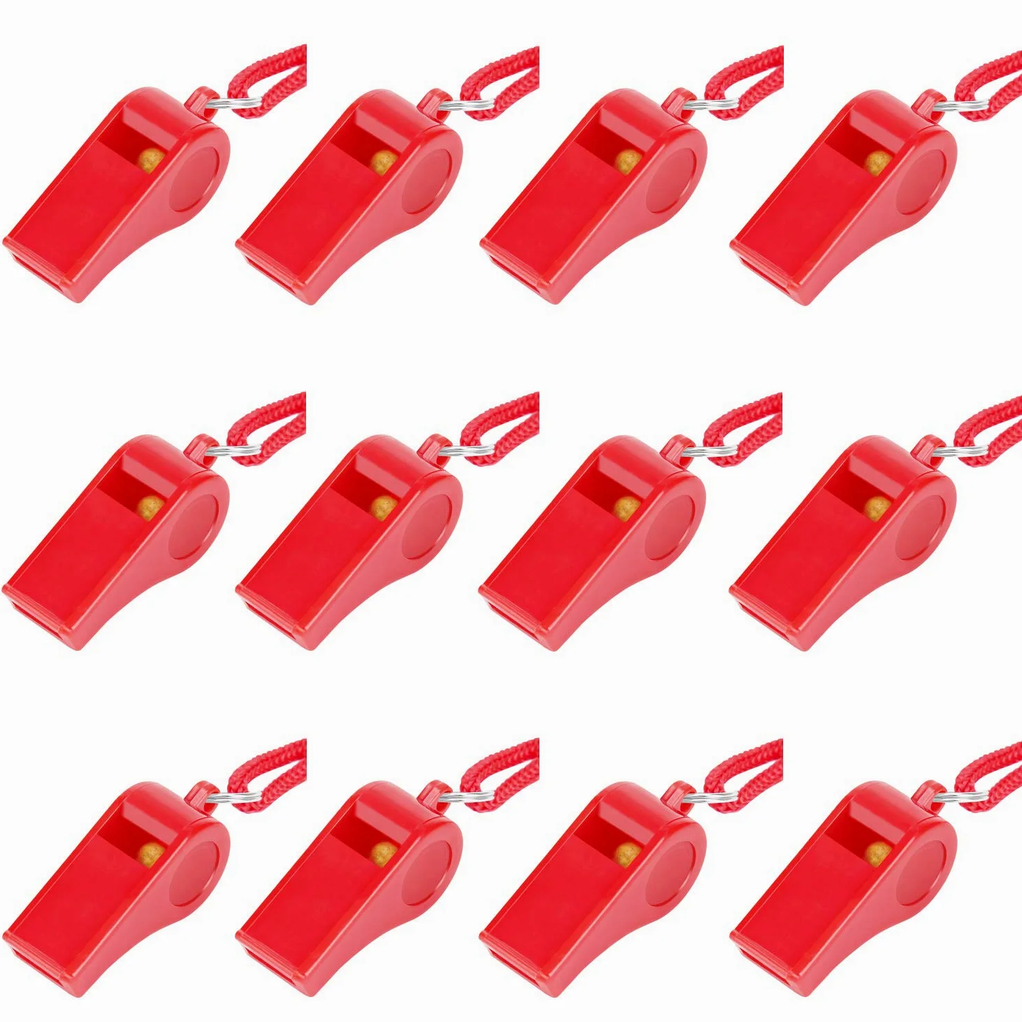 Fya 12 silbatos rojos de emergencia con cordón, silbatos de plástico súper fuertes a granel, perfectos para autodefensa, salvavidas y emergencias