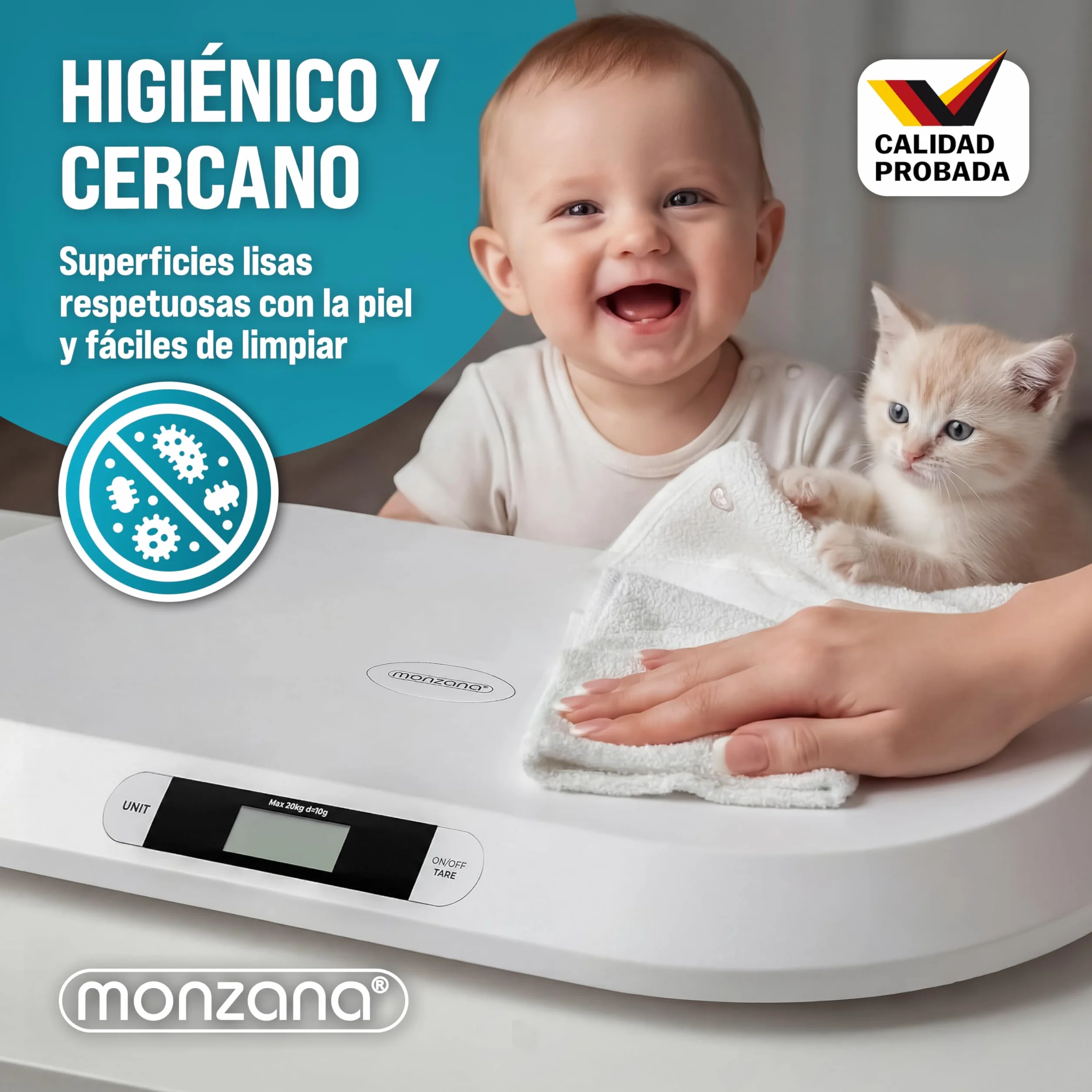 MONZANA Báscula Bebé Digital 20Kg Pantalla LED Apagado Automático Tara Retención Recién Nacidos Mascotas