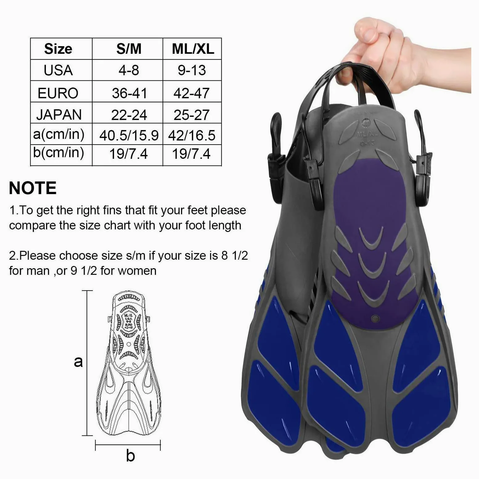 Aletas de buceo ajustables cortas para natación y piscina Snorkeling con bolsa para adultos para hombre y mujer, tacón abierto (azul, S)