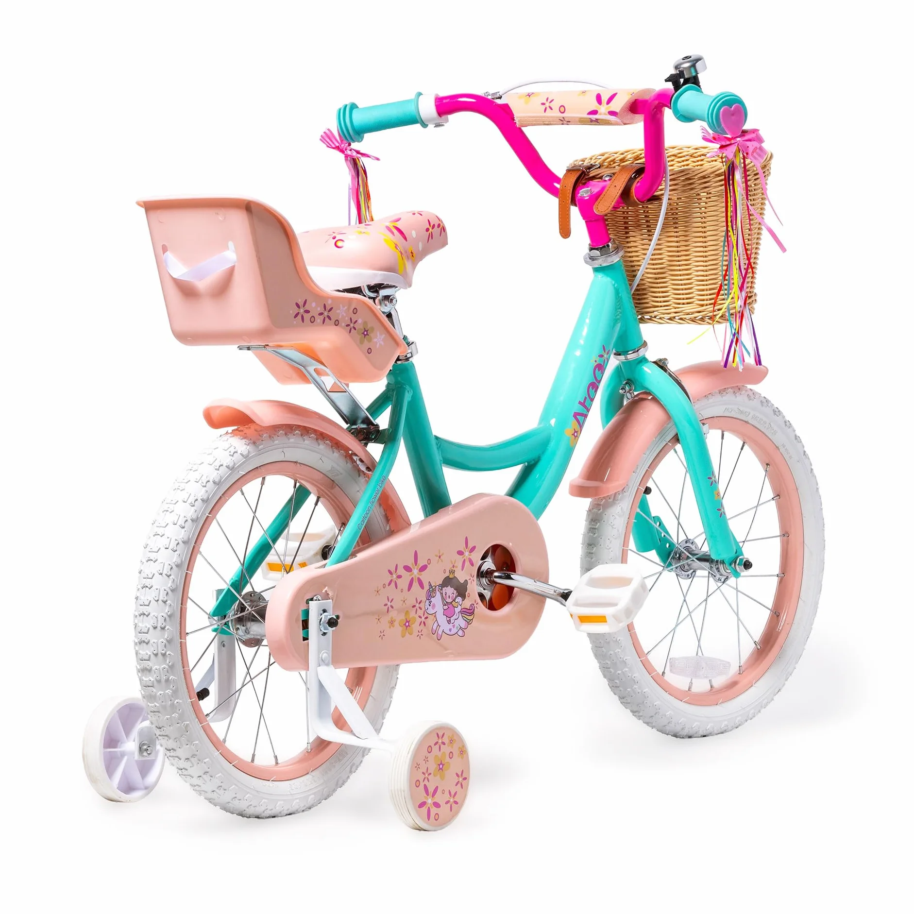 ATAA Bicicleta Infantil Kitty 12 y 16 Pulgadas con Ruedines Desmontables Cesta y Serpentinas Bicicleta para Niñas con Frenos Reflectores y Cuadro de Acero