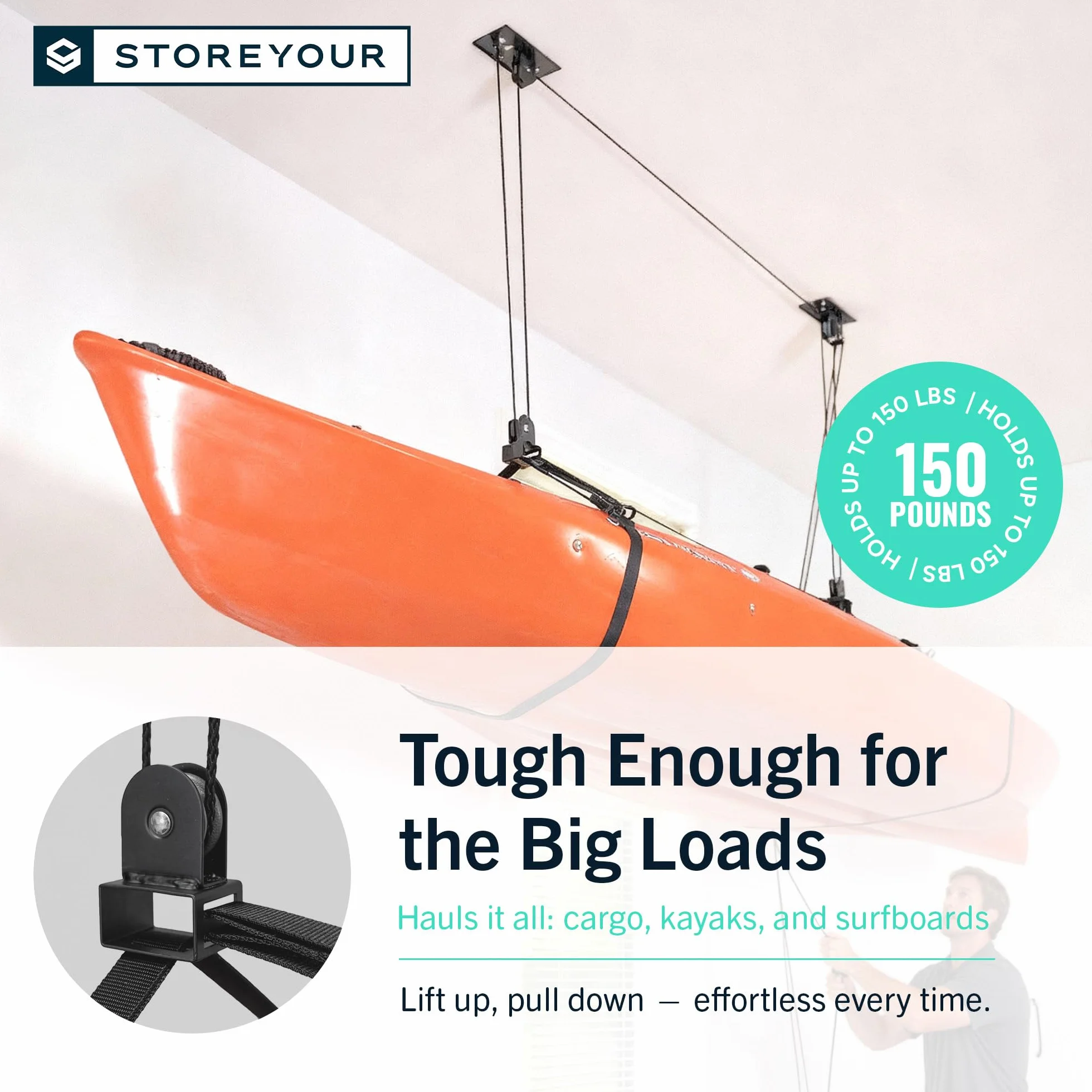 StoreYourBoard Sistema de polea de Techo para Kayak y Canoa, Elevador de Almacenamiento de Montaje en Garaje, Resistente 150 Libras