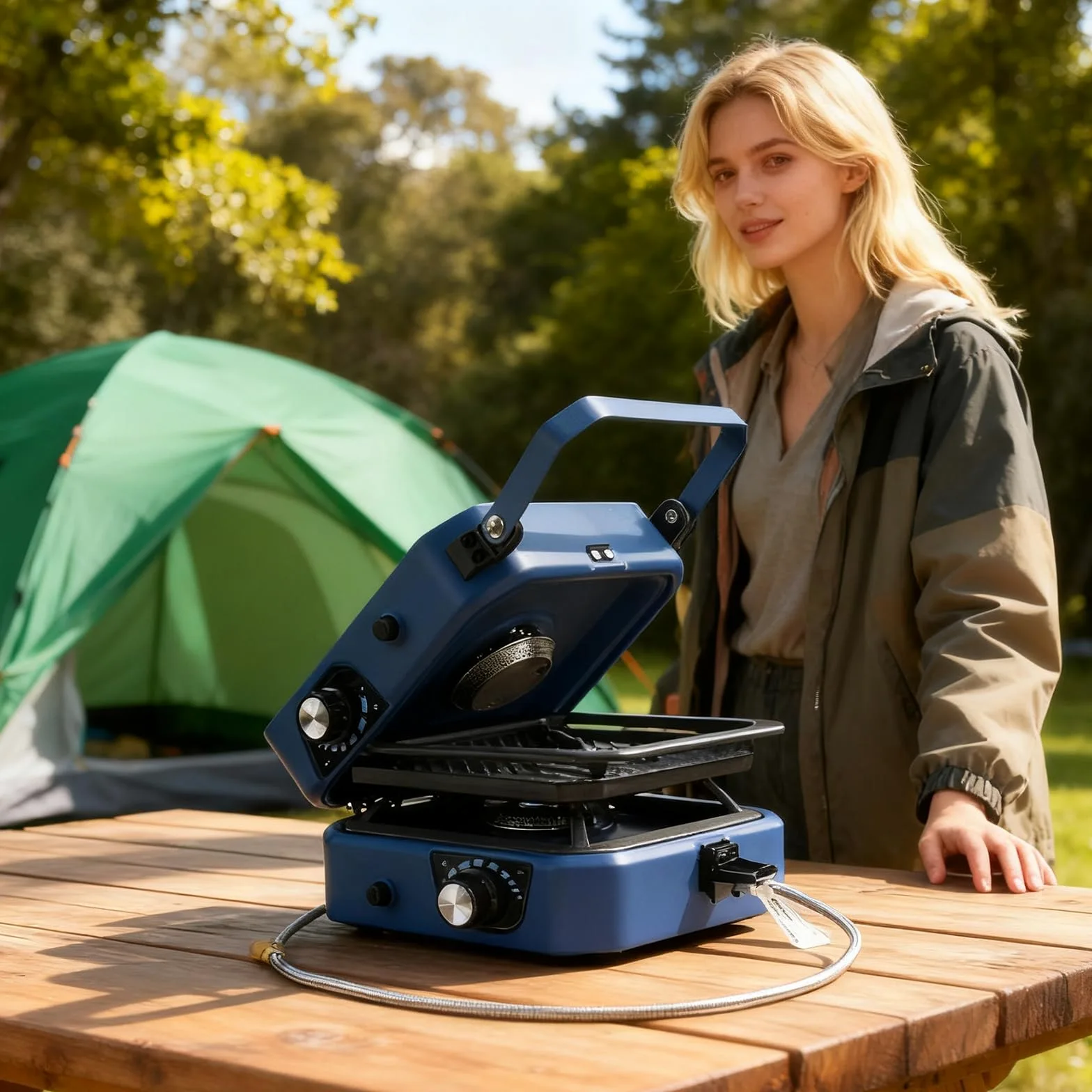 Estufa de camping de 2 quemadores con plancha, barbacoa plegable con quemadores ajustables y encendido piezoeléctrico para cocinar al aire libre, senderismo y eventos de jardín