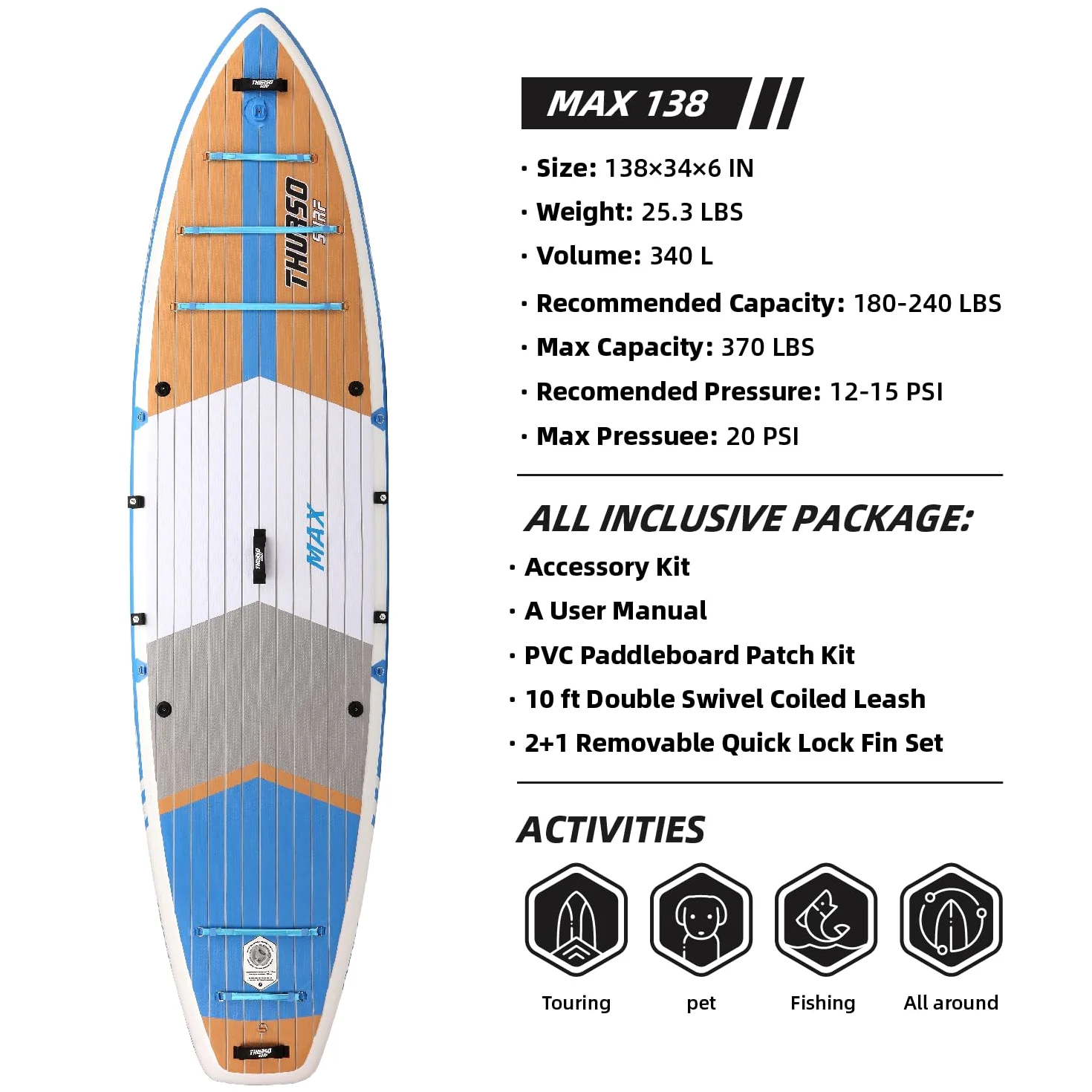 THURSO SURF Max - Tabla de remo inflable multiusos de 11 pies, 6 unidades, para pescar, familia/mascotas, SUP | Costuras tejidas | PVC de fusión | riel soldado | ligera y rígida