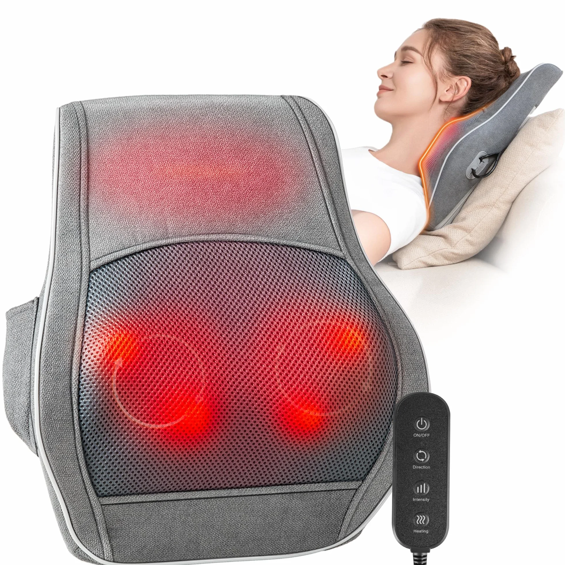 Masajeador Cervical y Espalda, Cojín Masajeador con Cabezal Rotativo para Cuello, Hombros, Piernas - Gris