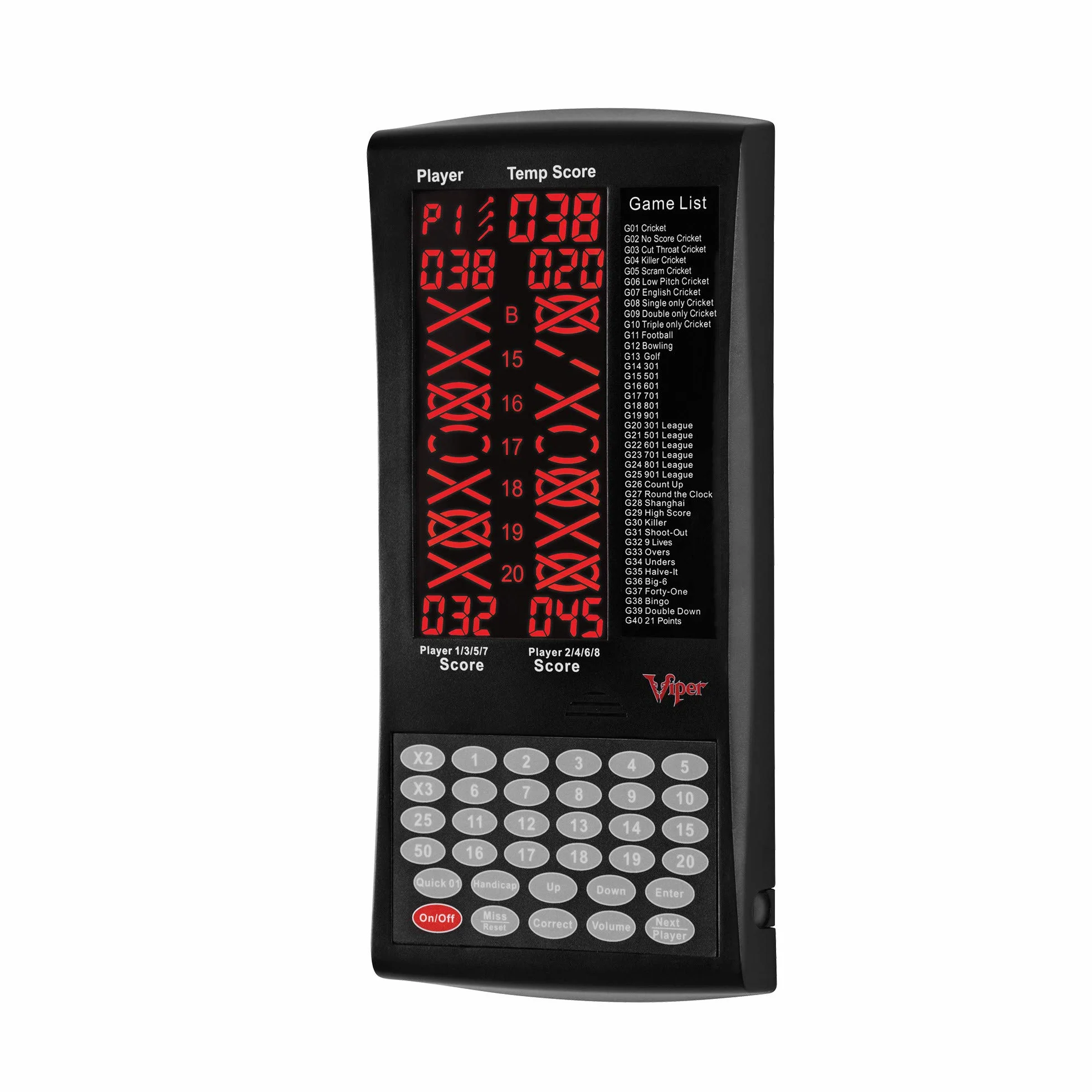 Viper ProScore - Marcador Digital de Dardos electrónico para hasta 8 Jugadores, con 40 Juegos y 655 Opciones de Juego, Incluyendo Cricket y X01