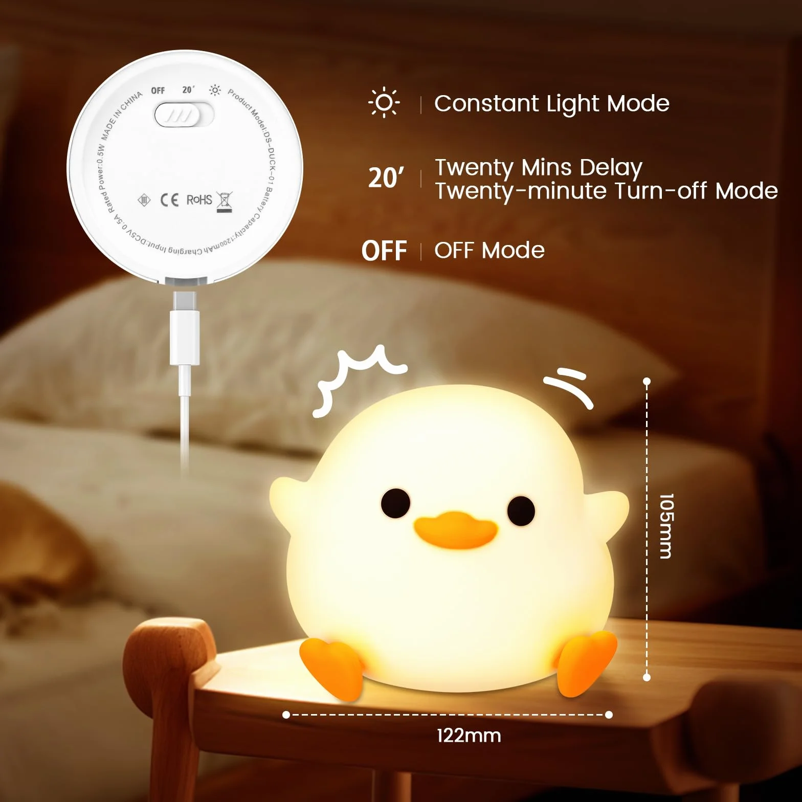 UCAMP Luz Nocturna Infantil Silicona Quitamiedos Recargable USB Temporizador Control Táctil