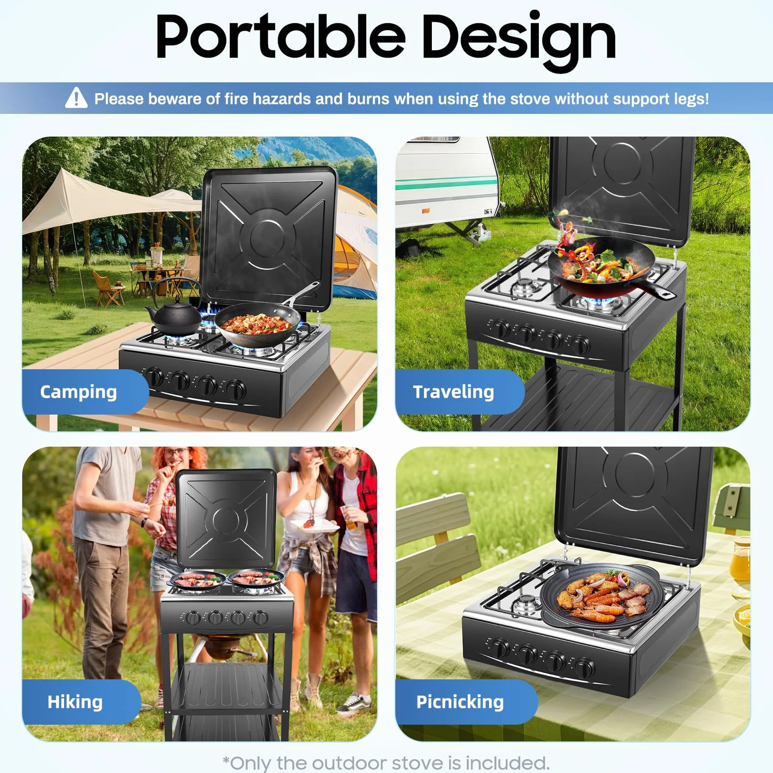 Hornillo de gas para camping de 2,5 kW, 5 quemadores con placa de gas, para interior de camping, estufa de gas, portátil, para bombona de gas (4 quemadores, negro)