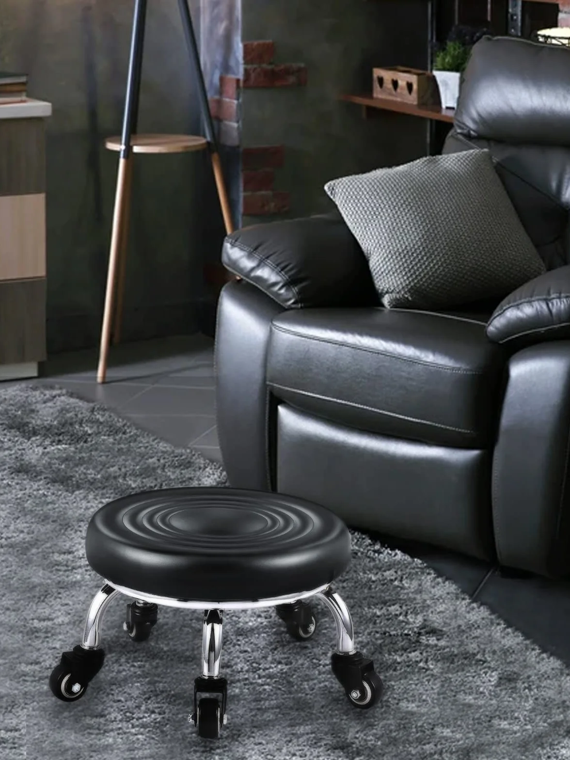 Taburete Giratorio Ajustable con Ruedas Asiento Redondo Cuero Negro para Salón Masajes Peluquería SPA