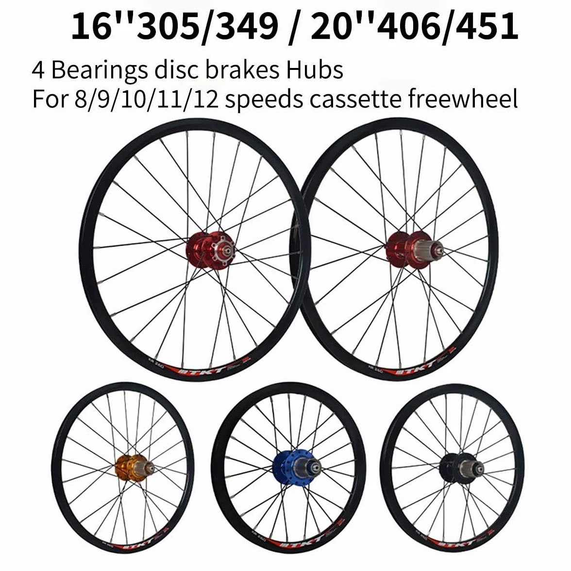 305/349/406/451 Juego de Ruedas BMX de 16/20'' con Freno de Disco Delantero/Trasero y liberación rápida, bujes F100mm/R135mm de 24 Orificios para Cassette de 8-9-10-11 velocidades.