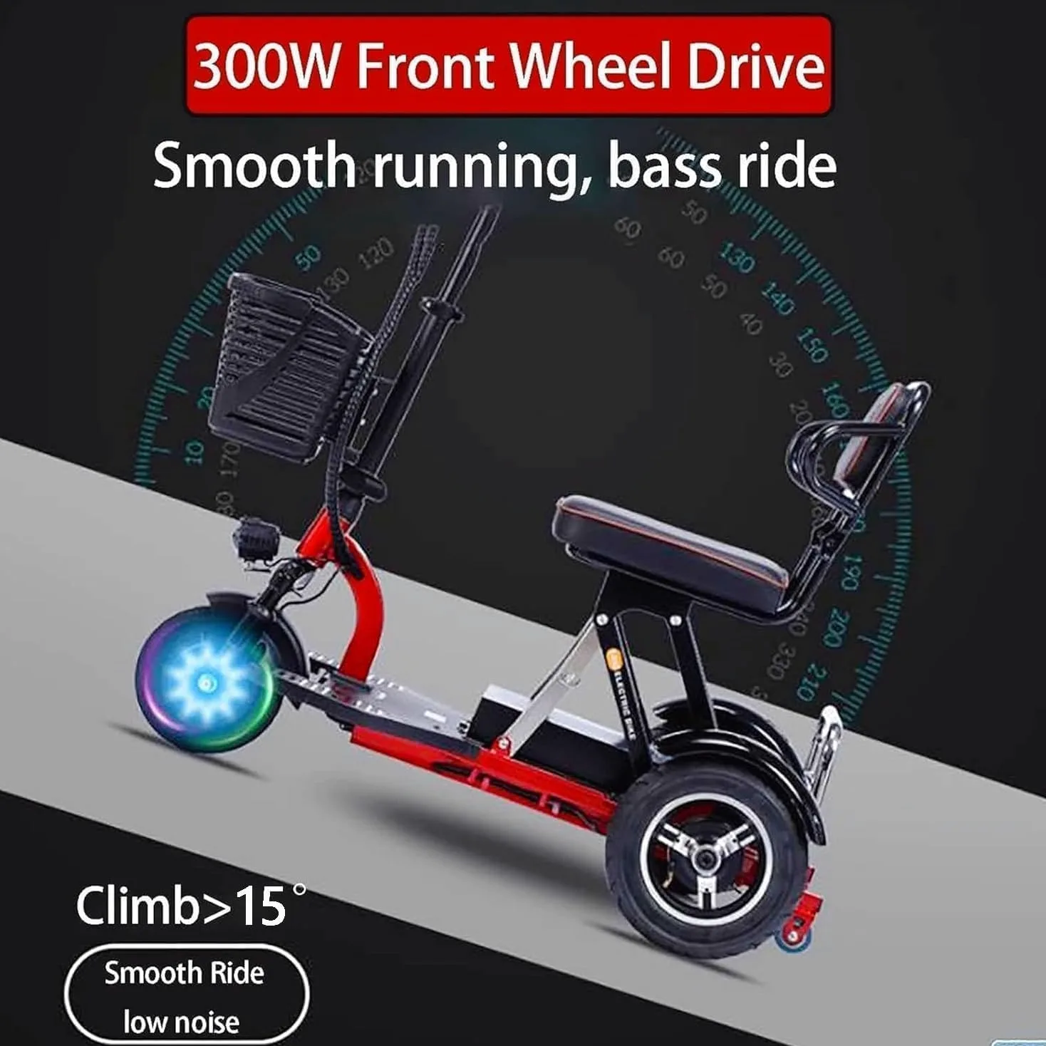Scooter De Movilidad Eléctrico para Personas Mayores Plegable De 3 Ruedas con Asiento para Pasajero Incluye Cargador, Cesta Scooter De 3 Ruedas para Ascensores y Pasillos