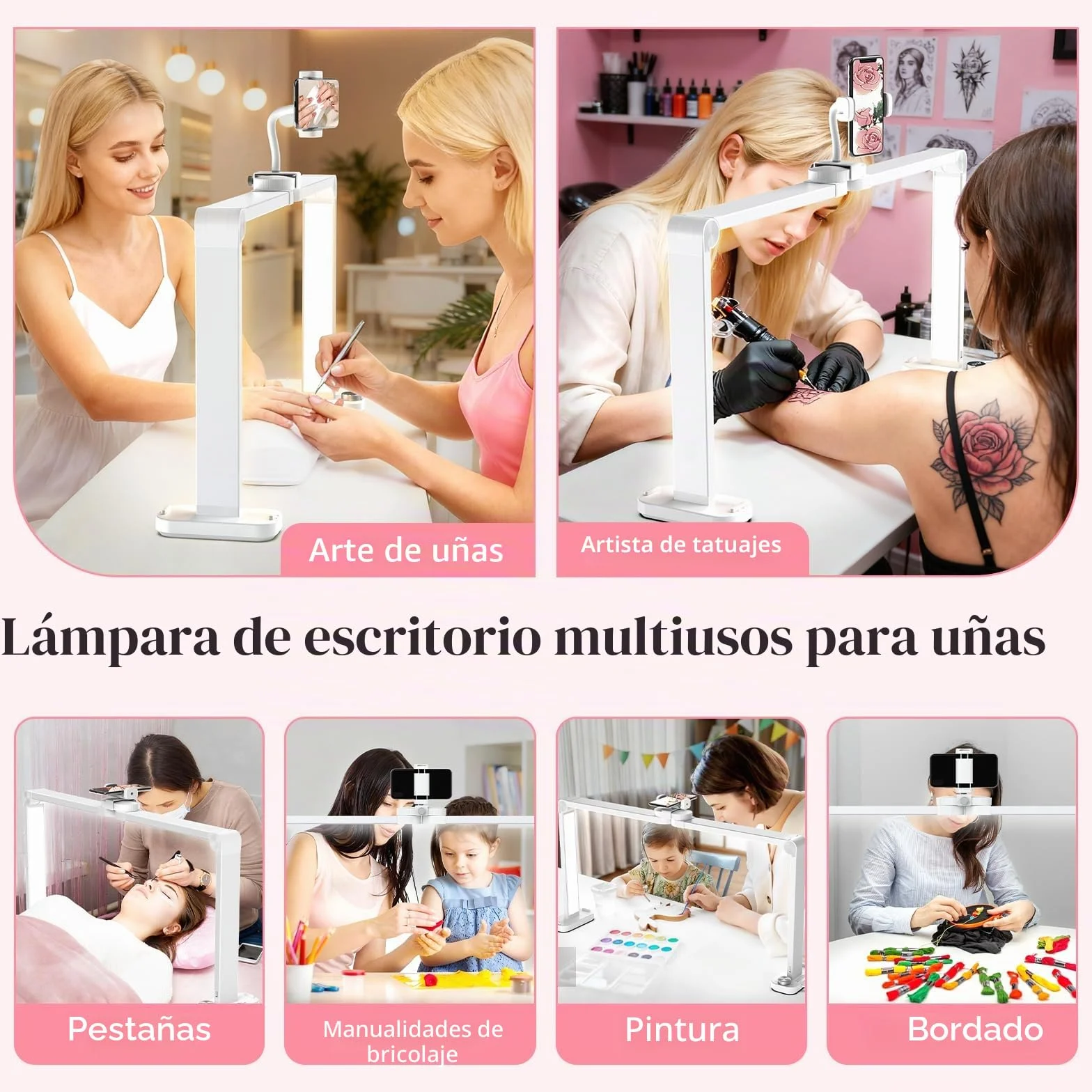 Media Luna Lámpara para Uñas 34" con Soporte 3 Modos de Color 10 Niveles de Brillo Ajustables Blanco