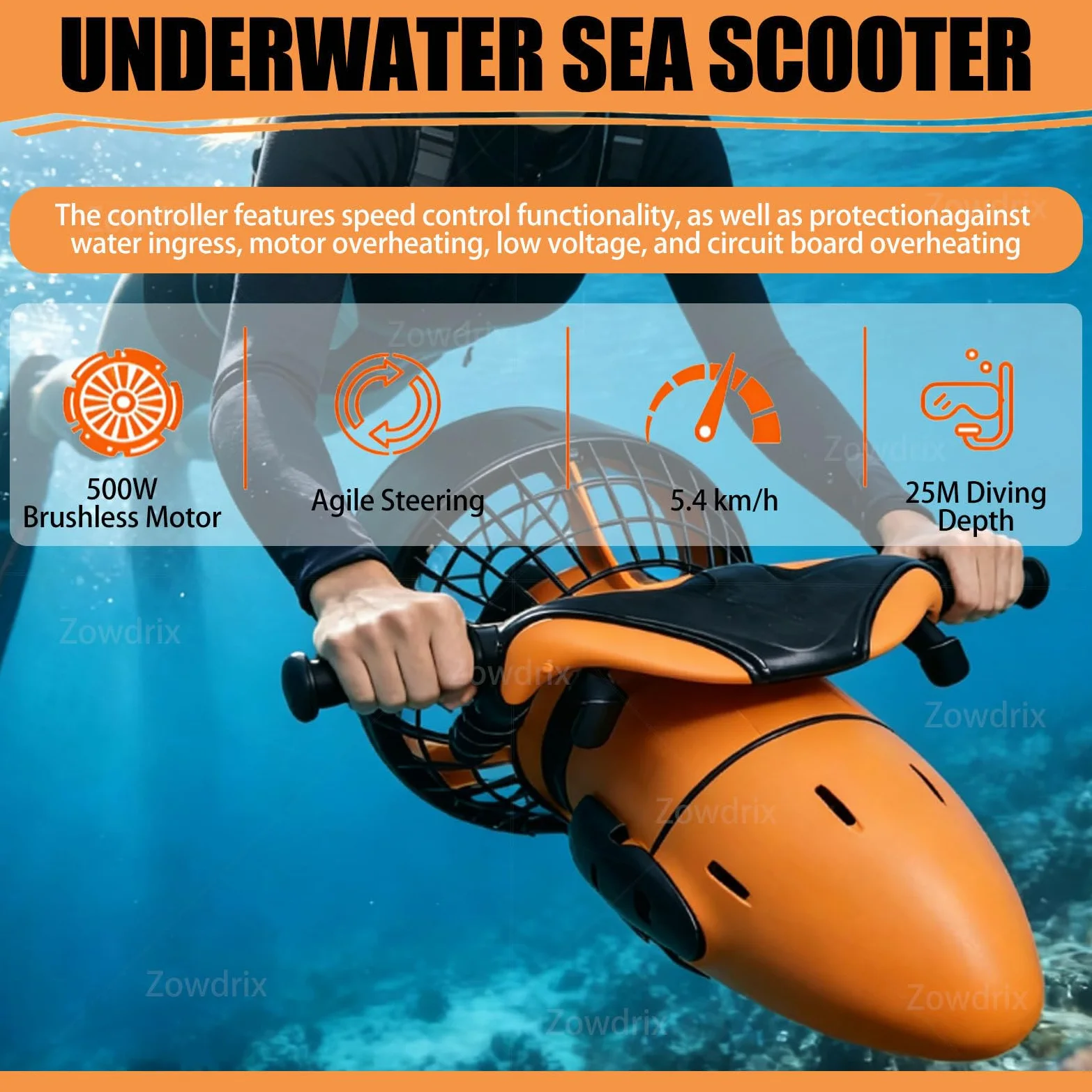 Scooter Submarino con Motor Sin Escobillas De 500 W, Velocidad Máxima De 3,7 mph, Autonomía De 60 Minutos, Hélice Ligera para Buceo, Snorkel Y Aventuras En La Playa