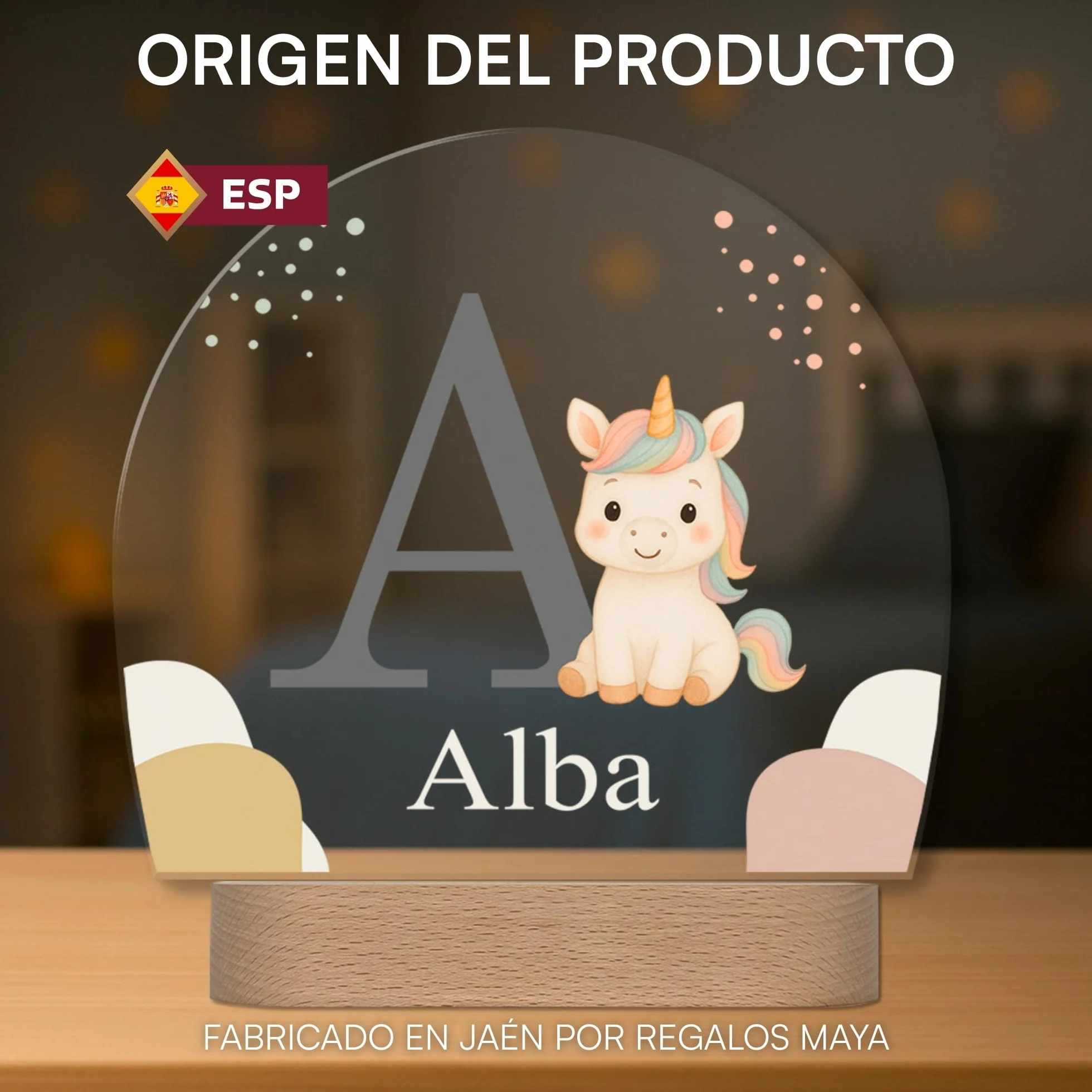 Lámpara Infantil Personalizada con Nombre e Inicial LED Quitamiedos Unicornio Regalo Original Bebé Bautizo Cumpleaños