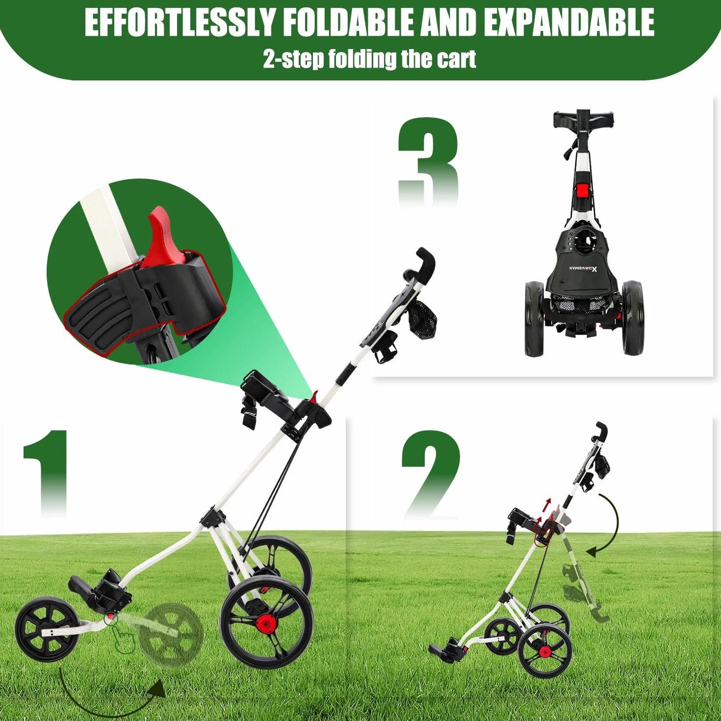 XDriveMax GC27 Carrito de Golf Plegable Ligero 3 Ruedas con Soporte para Tazas