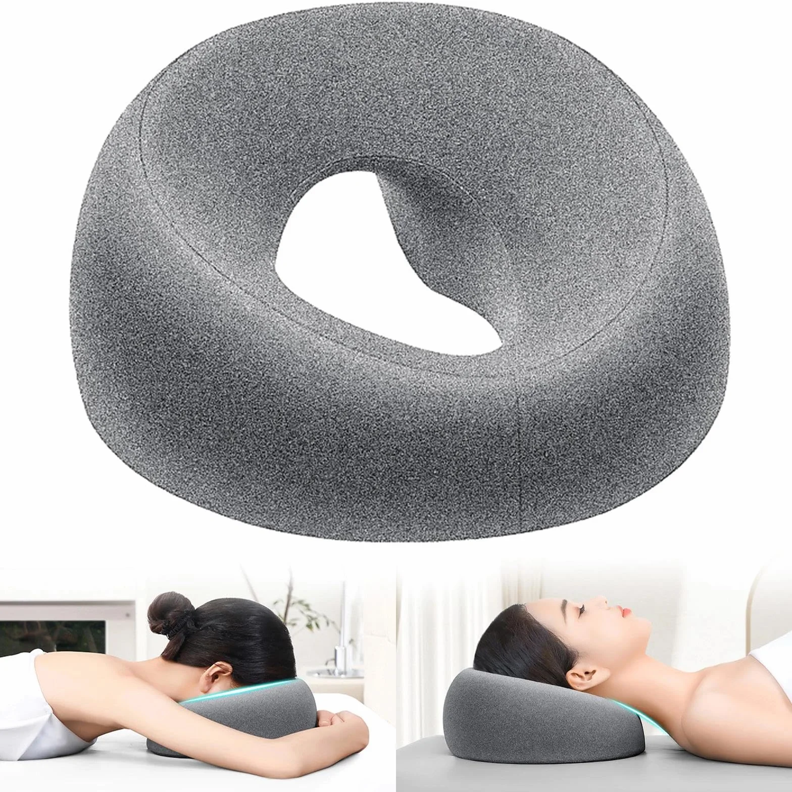 Almohada de Masaje Facial Boca Abajo con Agujero - Reposacabezas en Forma de U con Espuma Viscoelástica Gris