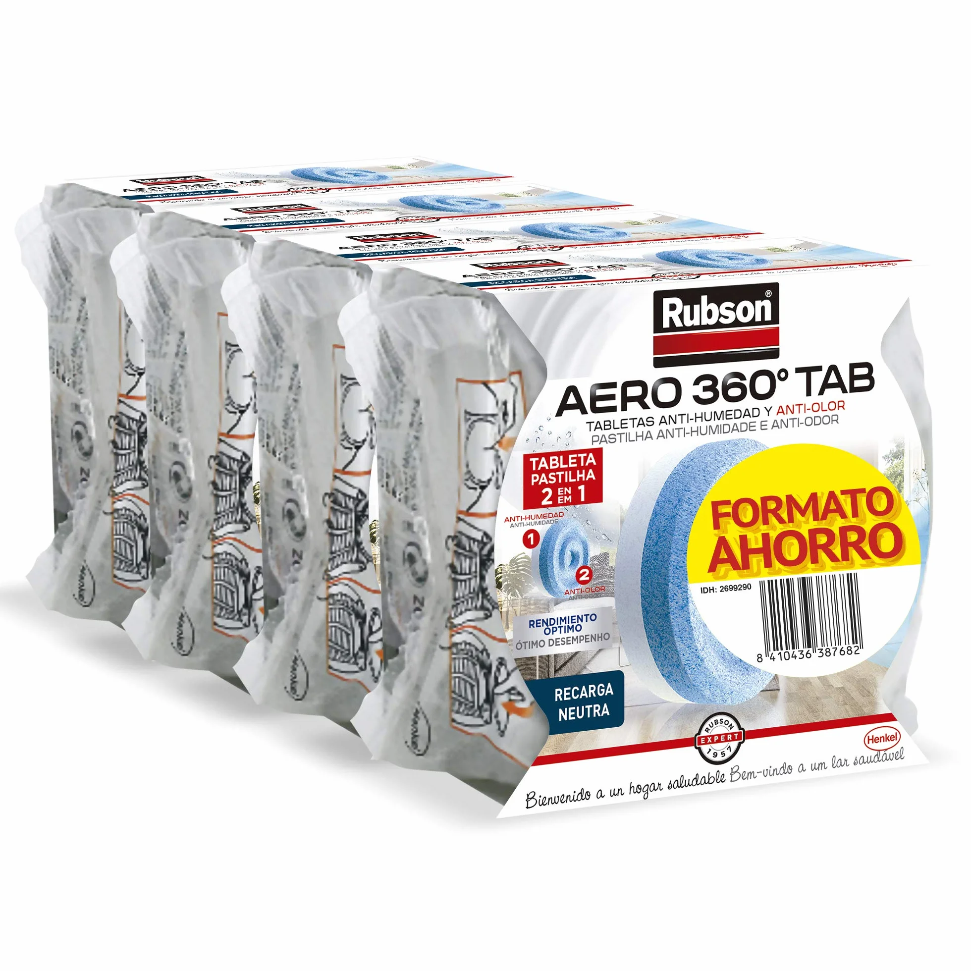 Rubson AERO 360° Tabletas Recambio Olor Neutro Absorbe Humedad 4 x 450 g