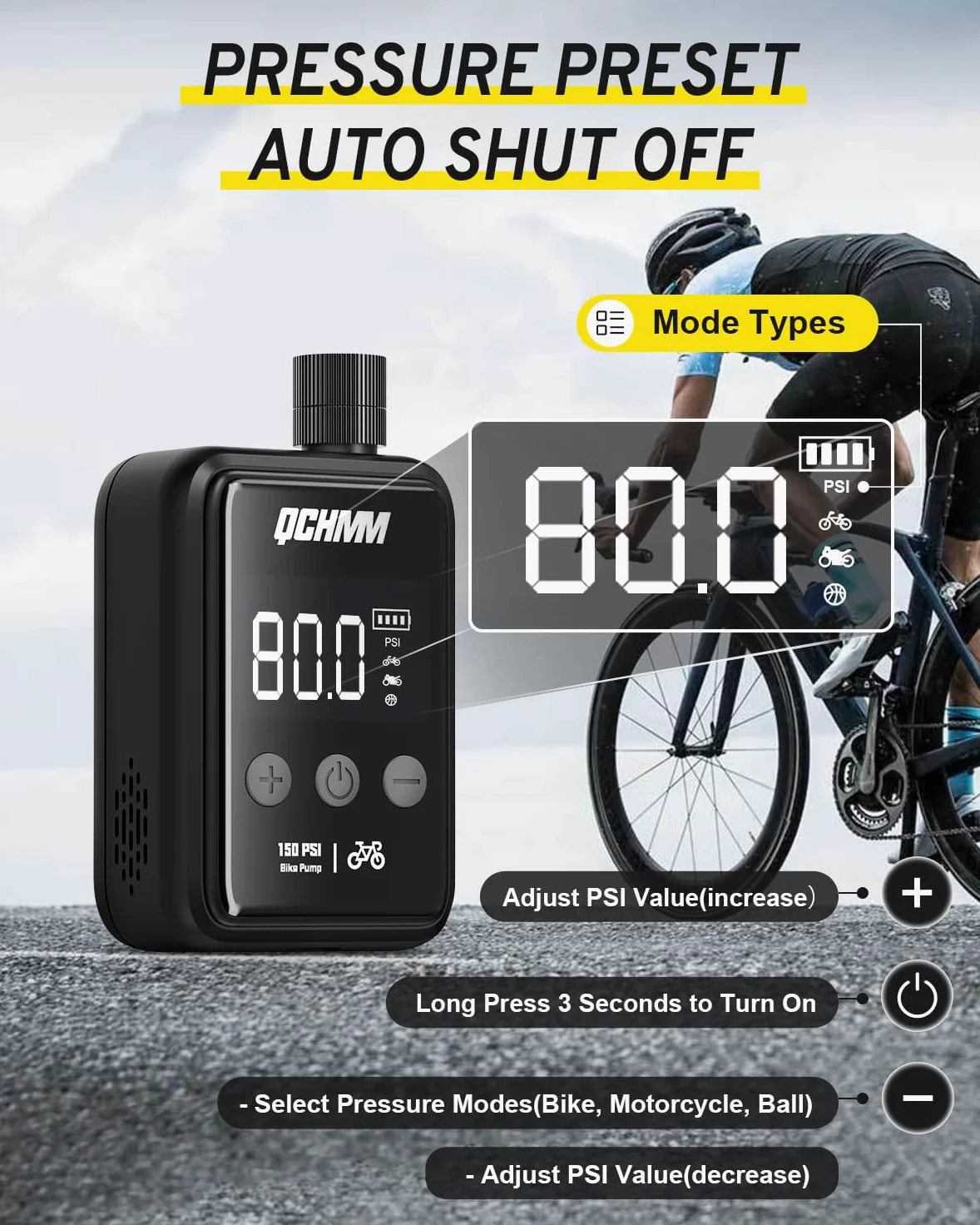 Bomba de Bicicleta, Bike Pump Portátil con Pantalla LCD Digital, 120PSI, Mini Inflador Bicicleta Portatil y Electrica con Bateria, 500mAh