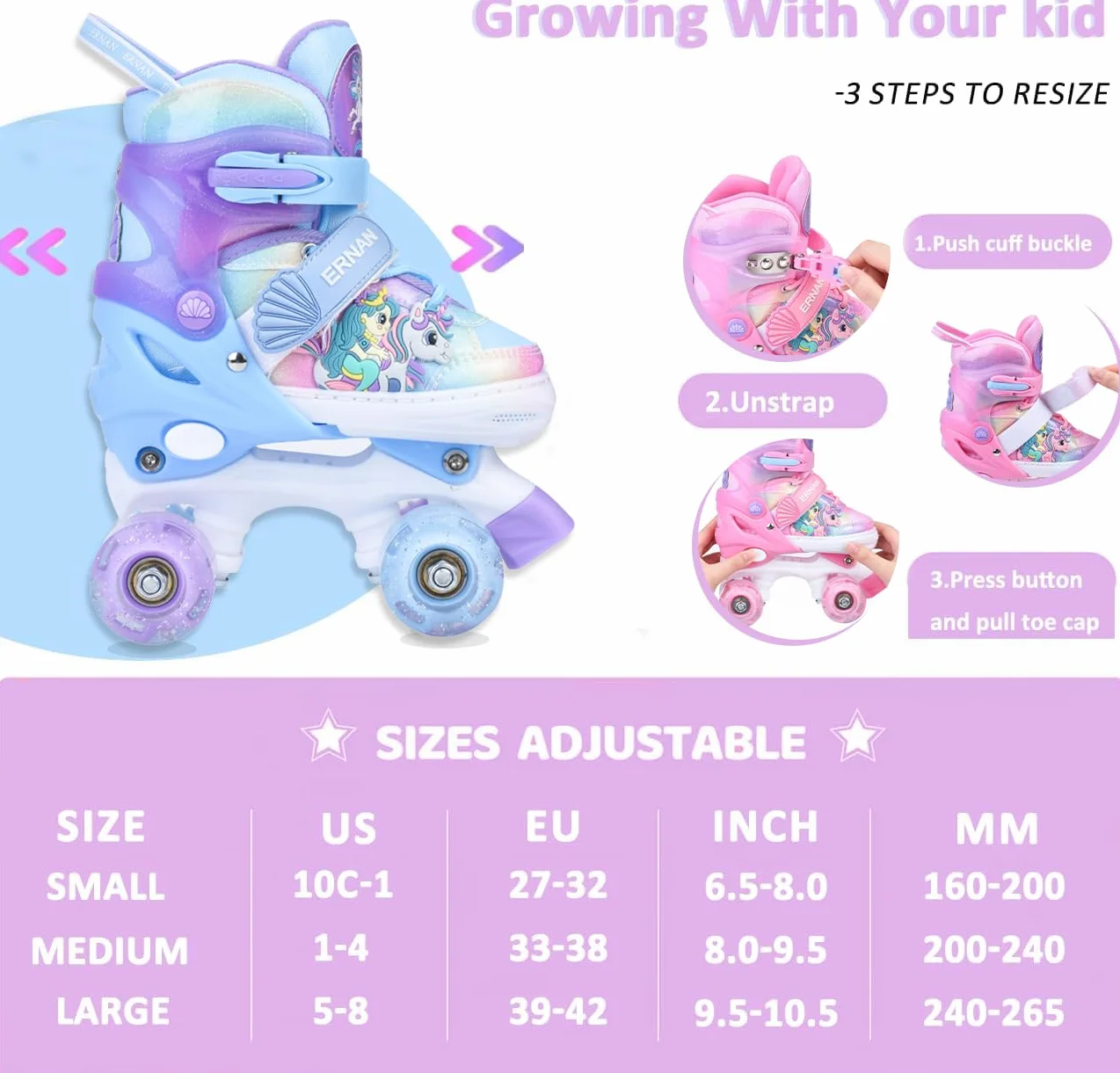 ERNAN Patines 4 Ruedas Ajustables con Ruedas Brillan Oscuridad para Niños Principiante