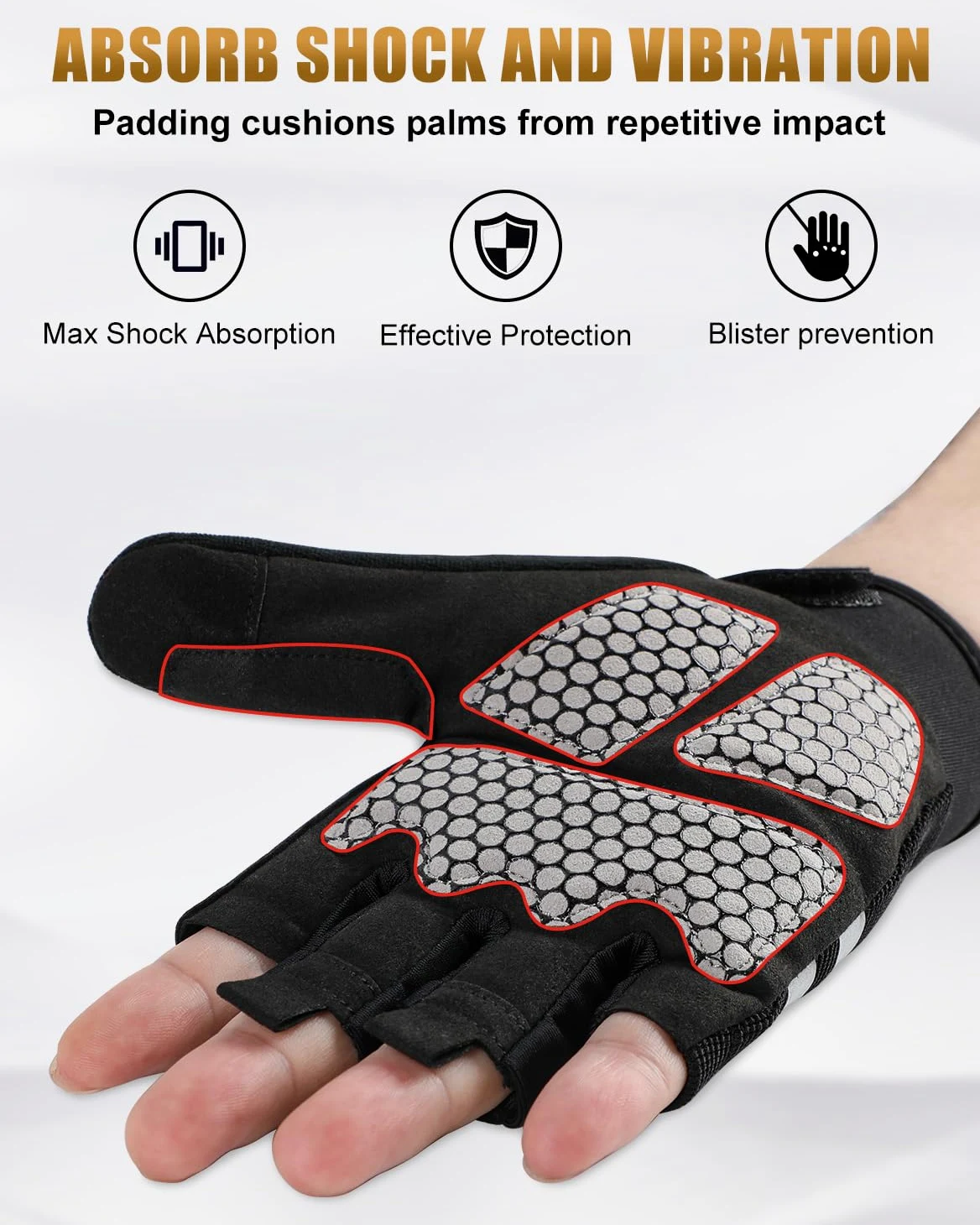 Guantes acolchados de gel de medio dedo para silla de ruedas (negro, L)