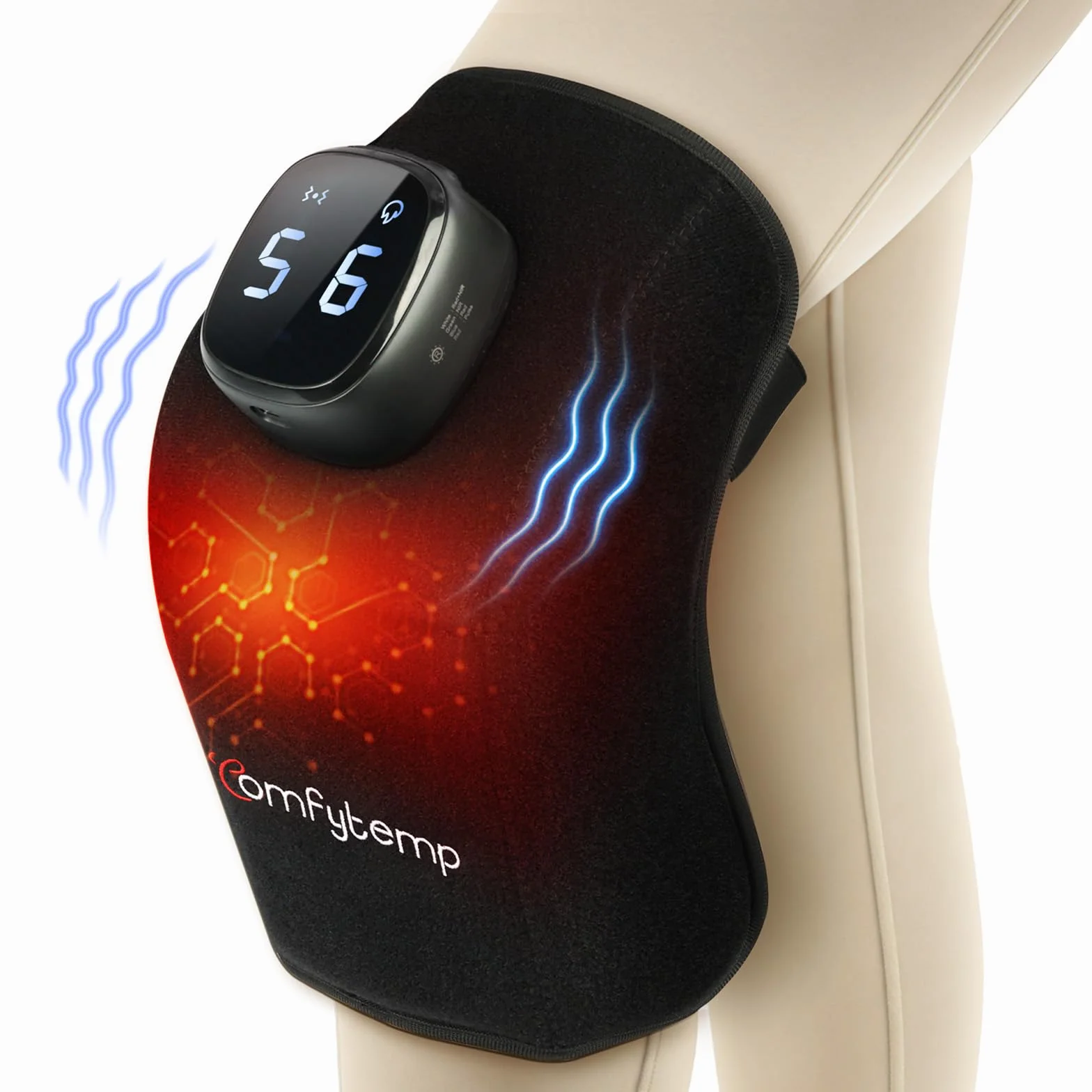 Comfytemp Almohadilla Térmica Inalámbrica para Rodilla, Masajeador 3D, Manta Eléctrica Portátil con 9 Calor 5 Vibración 3 Intensidad, Control APP