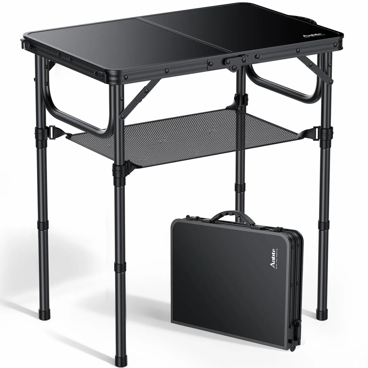 Anbte Mesa Plegable de Camping 58x40x26/48/67cm con Red de Almacenamiento | Mesa Plegable Aluminio de 3 Alturas Ajustables, Ligera y Portátil, para Camping, Pesca, Picnic, Playa,Exterior,Negro