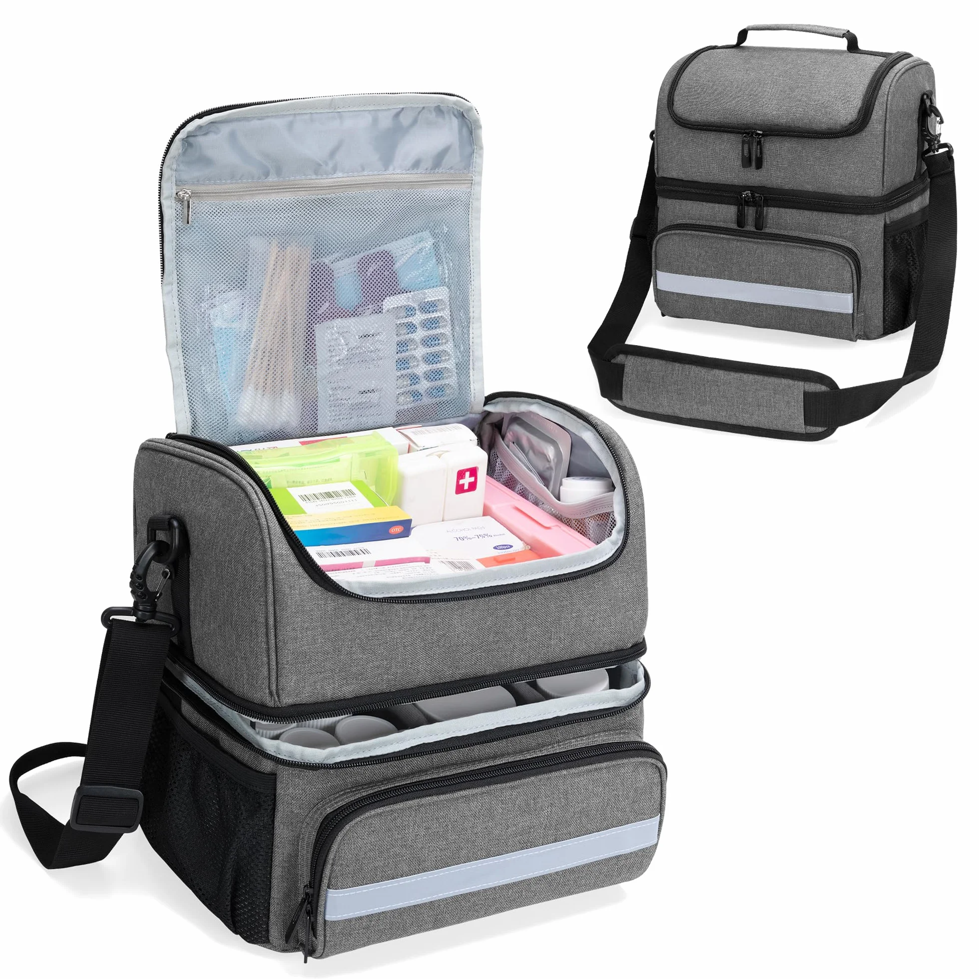 CURMIO Bolsa Médica Doble Capa Botiquín Primeros Auxilios Emergencia Medicamentos Gris