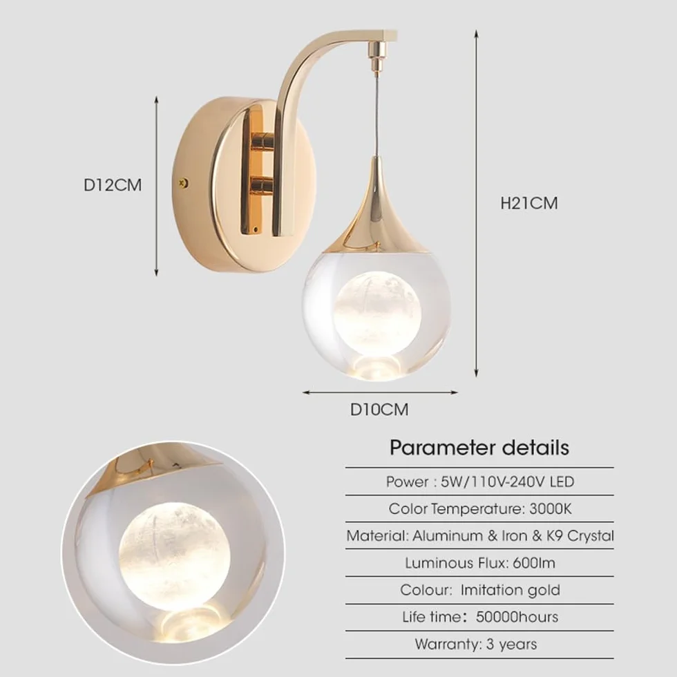 Lámpara de Pared Nórdica Cristal LED para Hogar Sala de Estar Dormitorio Decoración