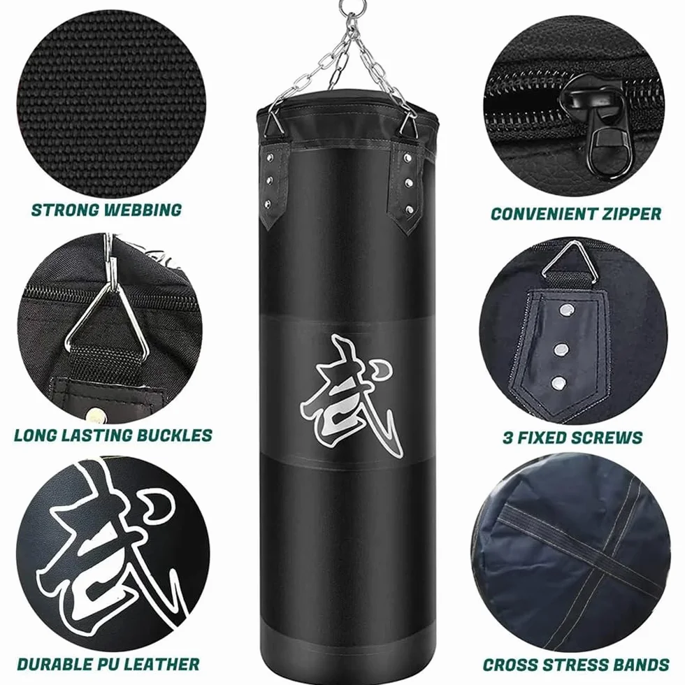 Saco De Boxeo,Saco Boxeo Adulto,Kit Boxeo,15-en-1 100 cm Kit de Sacos de Boxeo con Guantes, Vendas, Cadena más Gruesa, Giratorio 360° para Muay Thai y Lucha (sin Acolchado Negro)