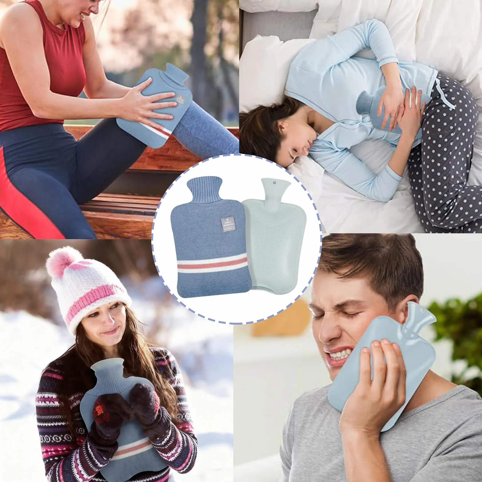 Bolsa de Agua Caliente 2L con Funda de Peluche Antifugas para Dolor Muscular y Menstrual (Azul)