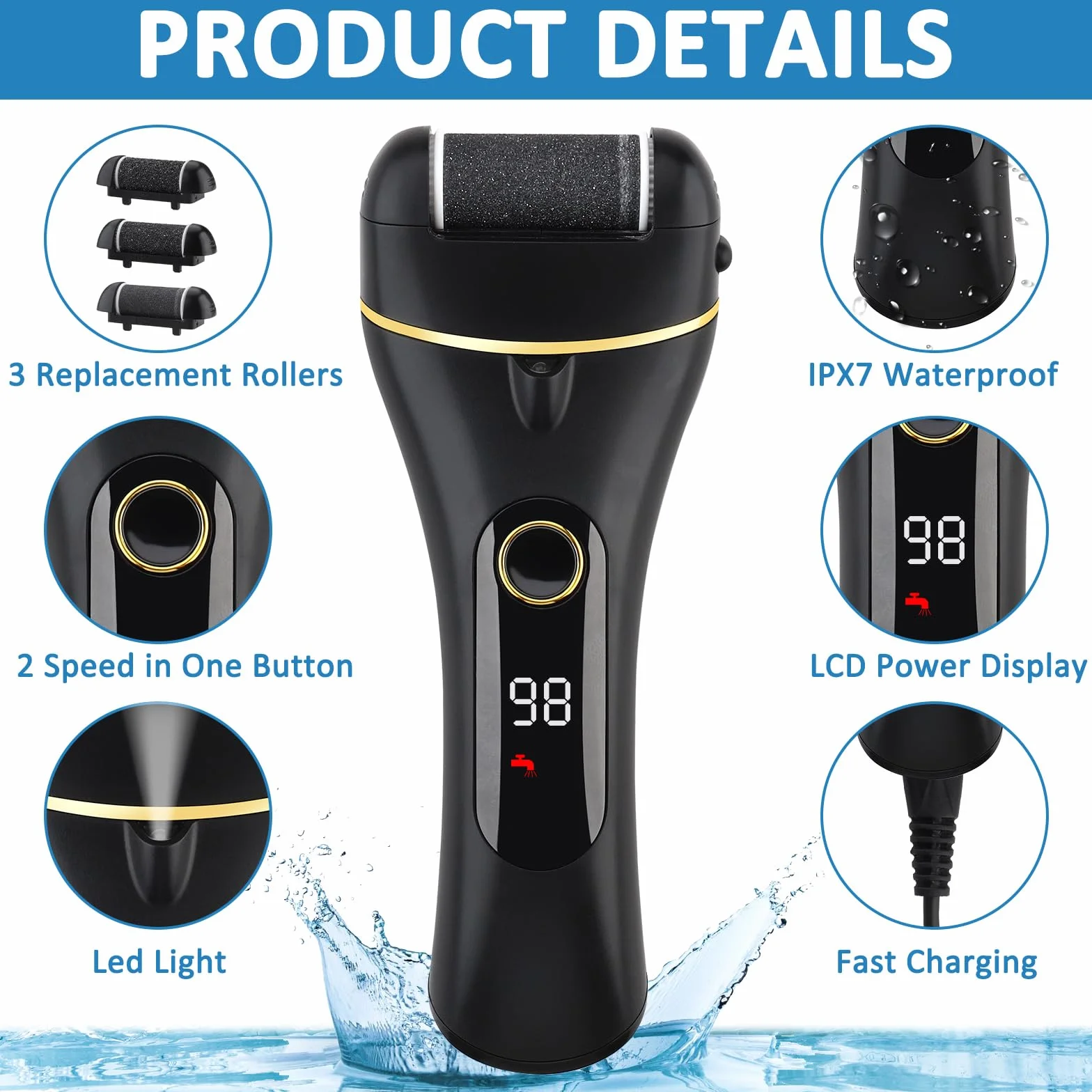 Lima Pies Eléctrica 18 en 1 Pedicura, Piedra Pomez, Recargable Impermeable 3 Rodillos 2 Velocidades