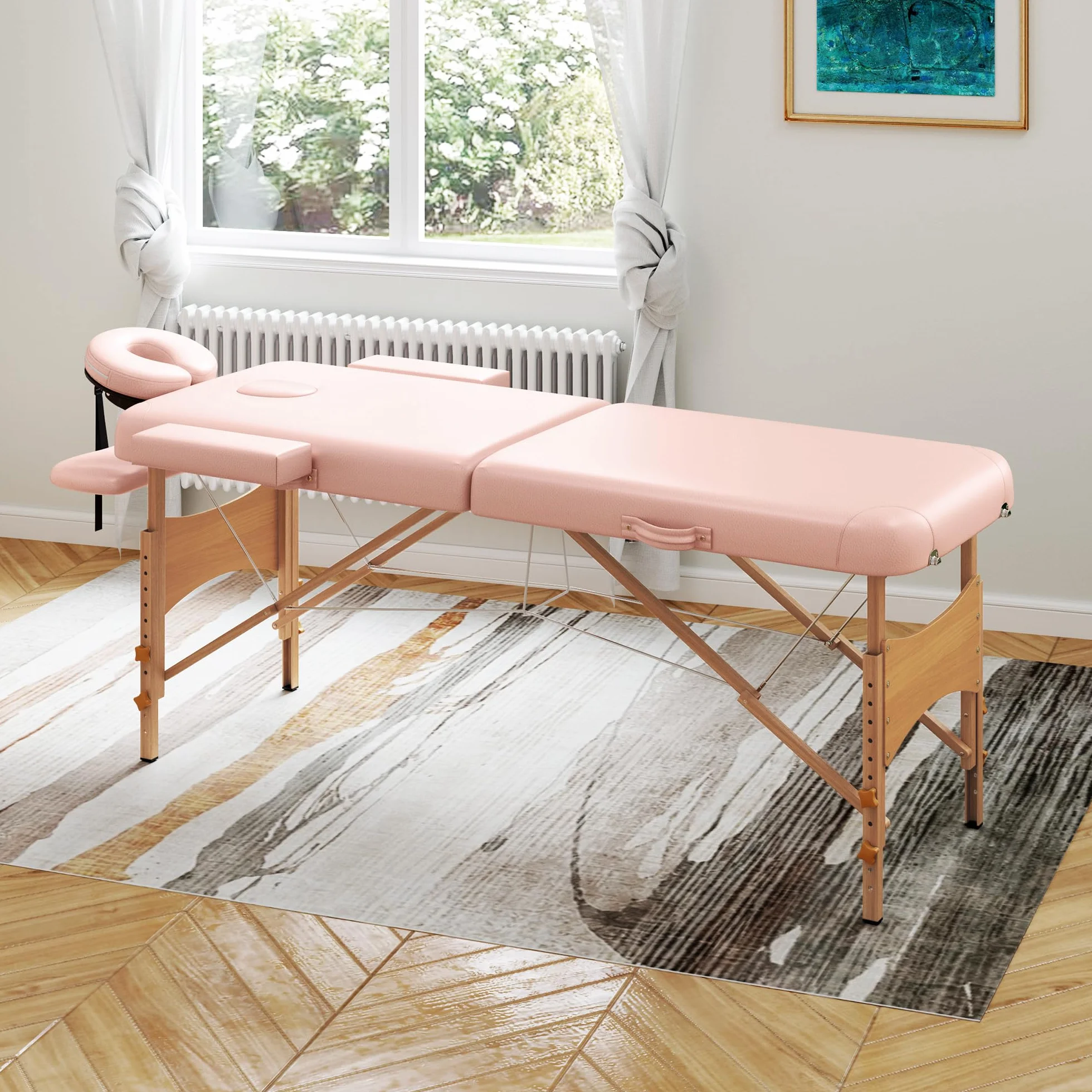 HOMCOM Camilla de Masaje Plegable 210x81 cm Profesional con Reposacabezas Extraíble y Altura Regulable Rosa